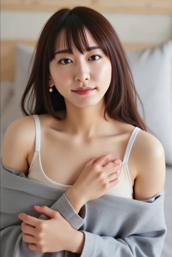 Dark brown hair、Light brown eyes、Japanese actress、 Lady、I am about 40 years old...、(Intricate details:1.2)、(Which is the top???:1.4)、 (Ultra-high resolution:1.2)、Ultra-high resolution、(Finely tuned)、(Detailed facial features)、Hmph、8K resolution、D cup size breasts、Long Hair、Updostyle, Updo、Hair Bun、1 Girl, Deep sorrowの表情, (Very detailed美しい顔), (white camisole Loungewear:1.5), (Bare shoulders:1.3), (Highest quality:1.4), (Very detailed)、Beautiful fair skin with transparency, Are sleeping、Sleeping on the floor、Top View、 Spread your legs wide, Open your mouth a little、Legs visible through one-piece dress、Deep sorrow、Pose of Weakness、Obscene pose、White floor、White wall、The morning sun shines in、Sleep on your side。