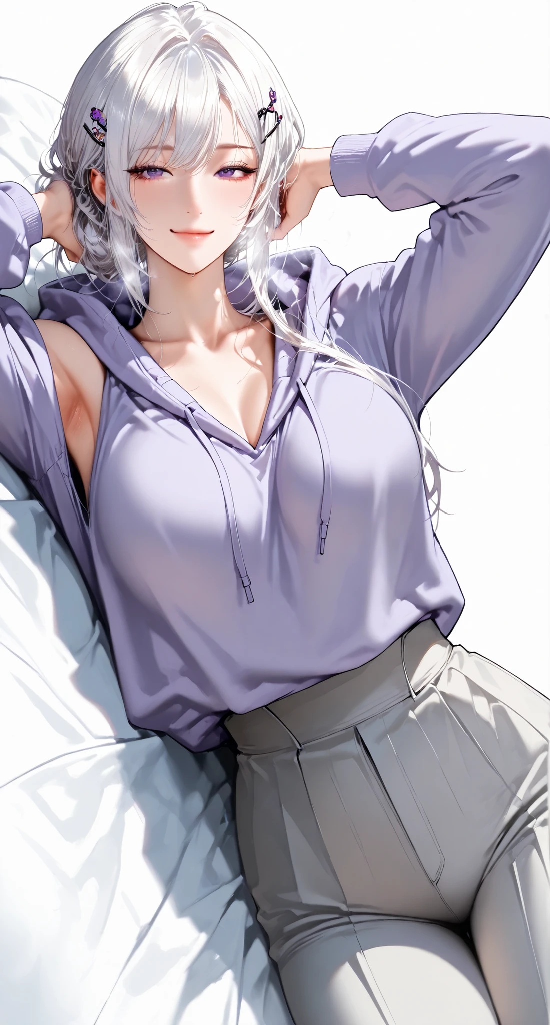 1 girl,hairpin hairstyle,White hair, Cold, Dark face , high detail, conceptual art, Very detailed page, high details, high quality, best quality, Dark Purple Eyes, White hair, beautiful, tall, emotionless, {hairpin hairstyle} , weakly happy , medium, Light purple eyes , ((feminine )), (( handsome female face)), handsome, bite_1024, ( wearing a light purple hoodie), masterpiece, full body, alone, blurred background , white background, Cold expression (close up), light atmosphere , 1 girl, , perfect face, White hair,,extra thick thighs,Full image,extra thick thighs,hair that highlights the thighs ,light purple hoodie,tall,tall ,cicadas are lying down slightly now, long pants,light gray blue Japanese pants,{ long pants},Take a light blue rose,eyes and lips、eye socket、smiling skin、eyebrow、Meat quality。Lower eyelashes, normal neck , medium ,armpit,charming smile,{real face with clear facial features},South Korea,Show off your armpits,Connect the clothes with cuffs,Purple shoelace connection on the chest of the dress。