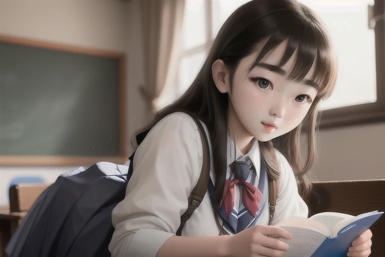 a tween girl sitting in her bedroom sitting on a chair near the window and she's reading a book she's wearing sailor outfit, dawn, 80s era --auto --s2