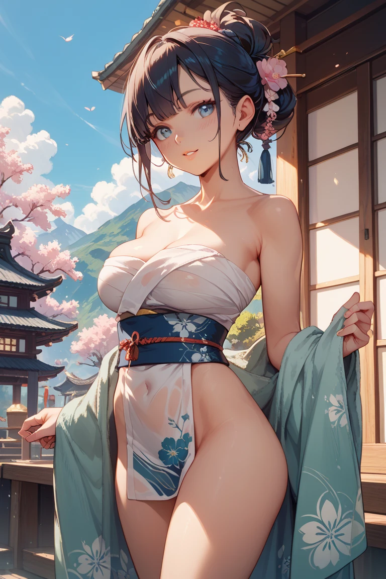 Ukiyo-e style, Charles Robinson, Eleanor Fortescue-Brickdale Anime surreal fanciful wondrous strange Whimsical Sci-Fi Fantasy Cafe sinking in the sea of autumn leaves beautiful innocent girl, Japanese kimono undone, front all open exposed, kimono slipping off shoulder, very large breasts large ass, very small tiny tight white panty, shy smie, Front view, Hyperdetailed high resolution high quality masterpiece