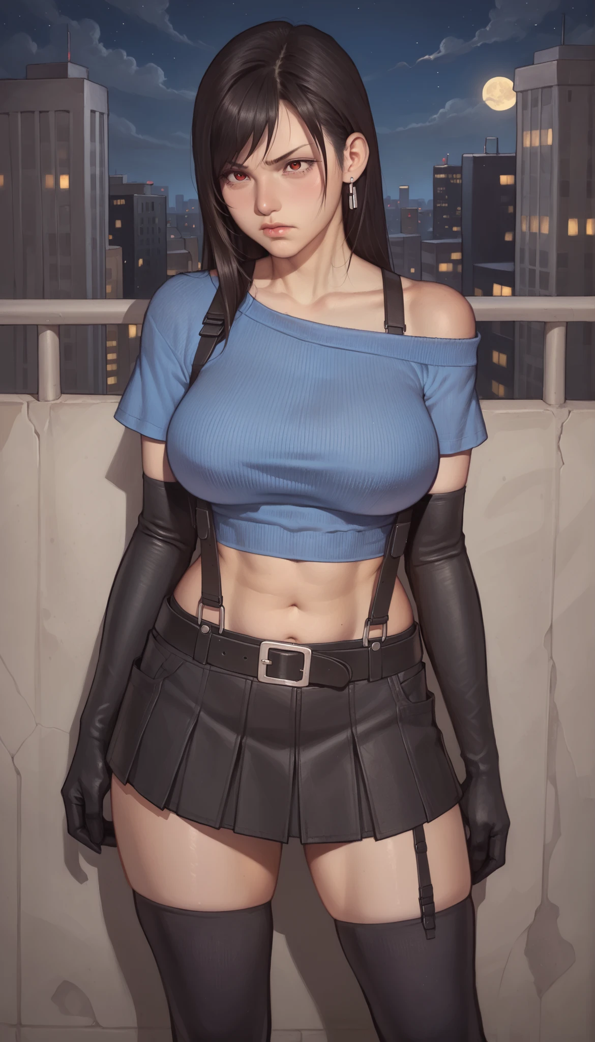 1girl, perfect face, ((absurd res)), tifa lockhart, skyblue sweater, off-shoulder sweater, black skirt,  thigh-highs, gloves, suspenders, red boots, full body, cleavage, 