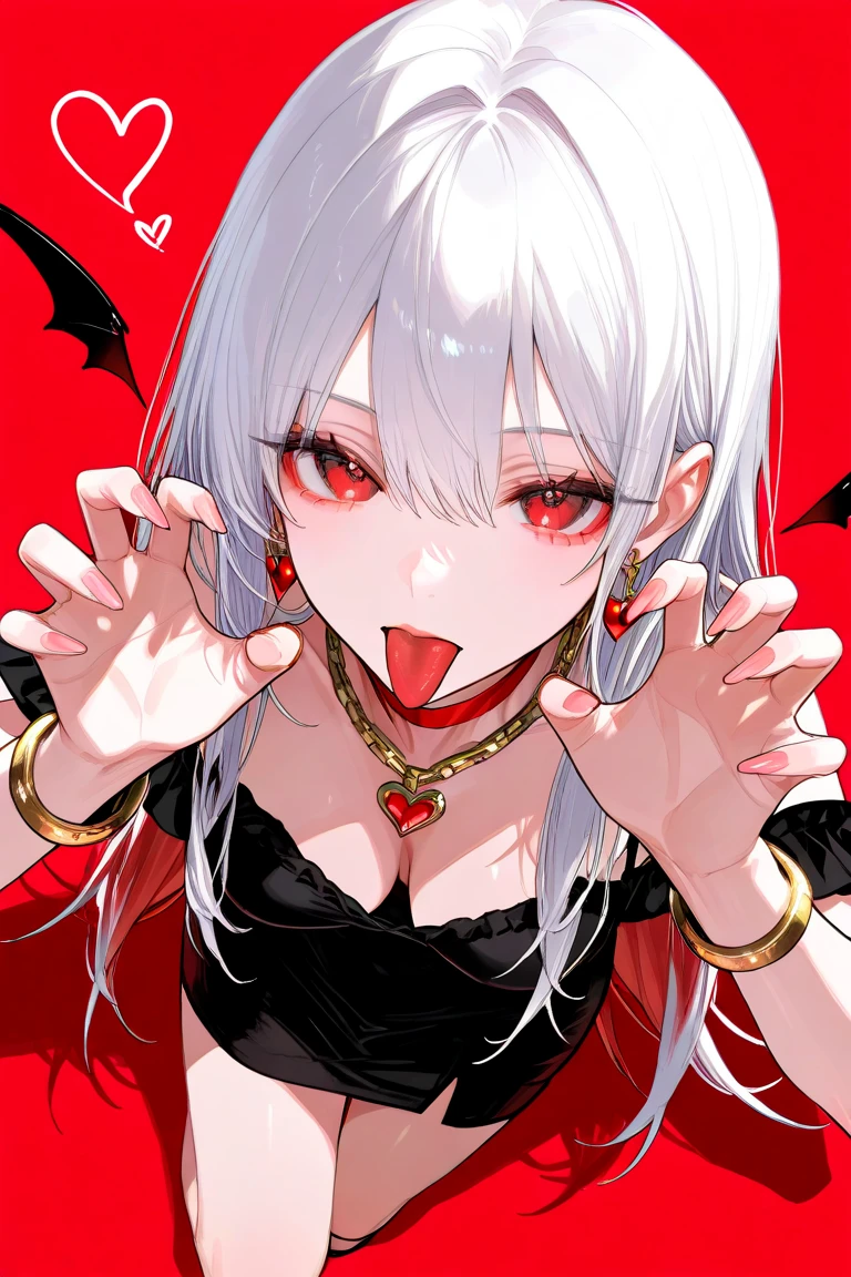 Human-demon man, black horns with crimson tips, skin fair, Eyes red, sharp fangs, long  white hair, crimson areola behind the head, bone wings, bone wings, long black sharp nails, pointy ears.
vestimentas: white Victorian shirt with opening at the chest and closed at the neck with a high collar next to a crimson heart choker, rings/thimbles on one finger, black pants, crimson ruby heart earring.
Sorriso malicioso e olhar penetrante
Em cima de uma cama sorrindo enquanto mostram as sharp fangs, on top of the camera, close down . view from below 
