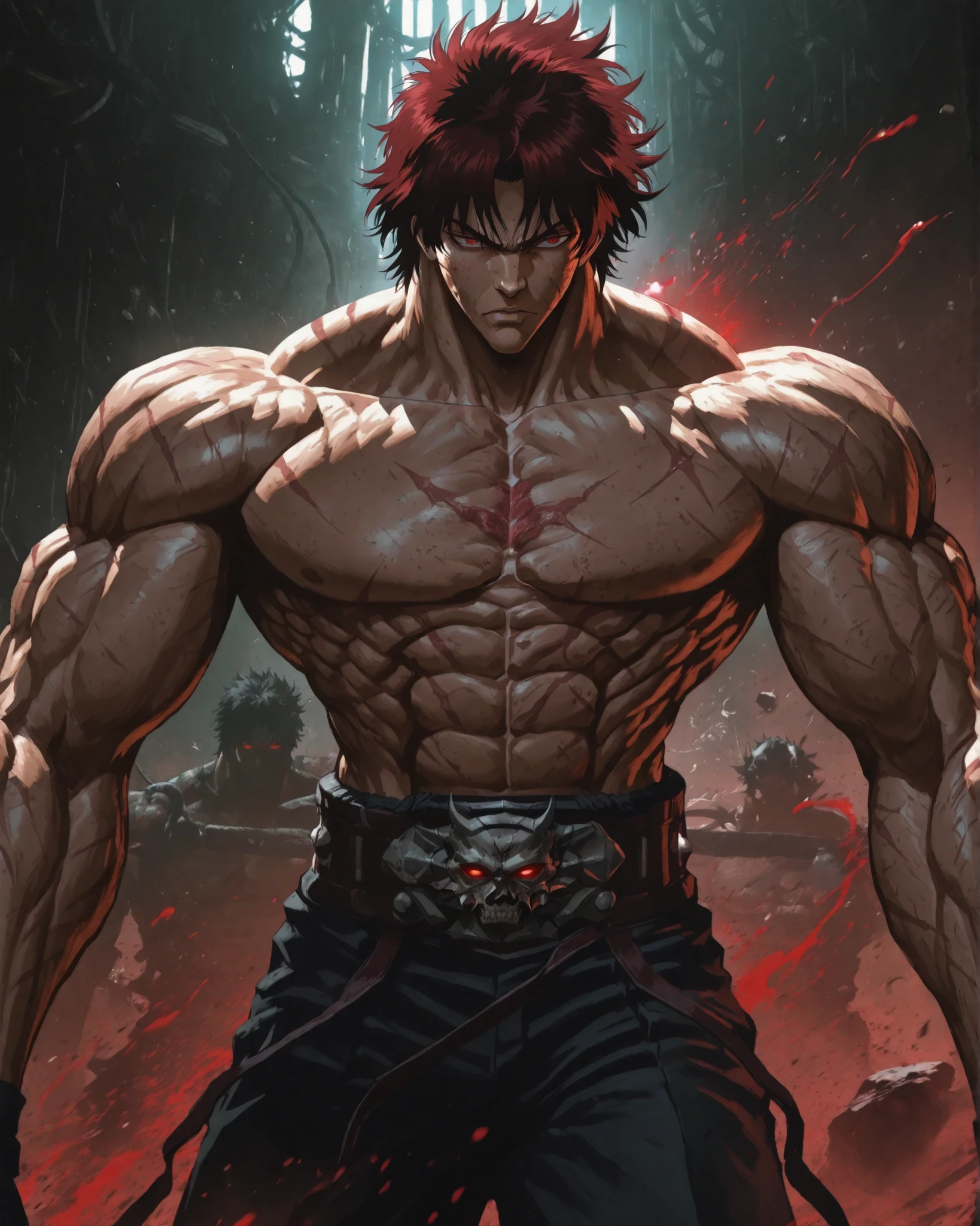 Ultra-muscular anime warrior, inspired by Baki Hanma, shirtless with deeply defined abs and muscles, intense battle-ready expression, short spiky hair, battle scars on chest and arms, dark red eyes glowing slightly, standing in a gritty underground fight arena, blood splatters on body, dramatic shadows, dynamic anime style, ultra detailed, cinematic lighting, hyper realistic anime art”