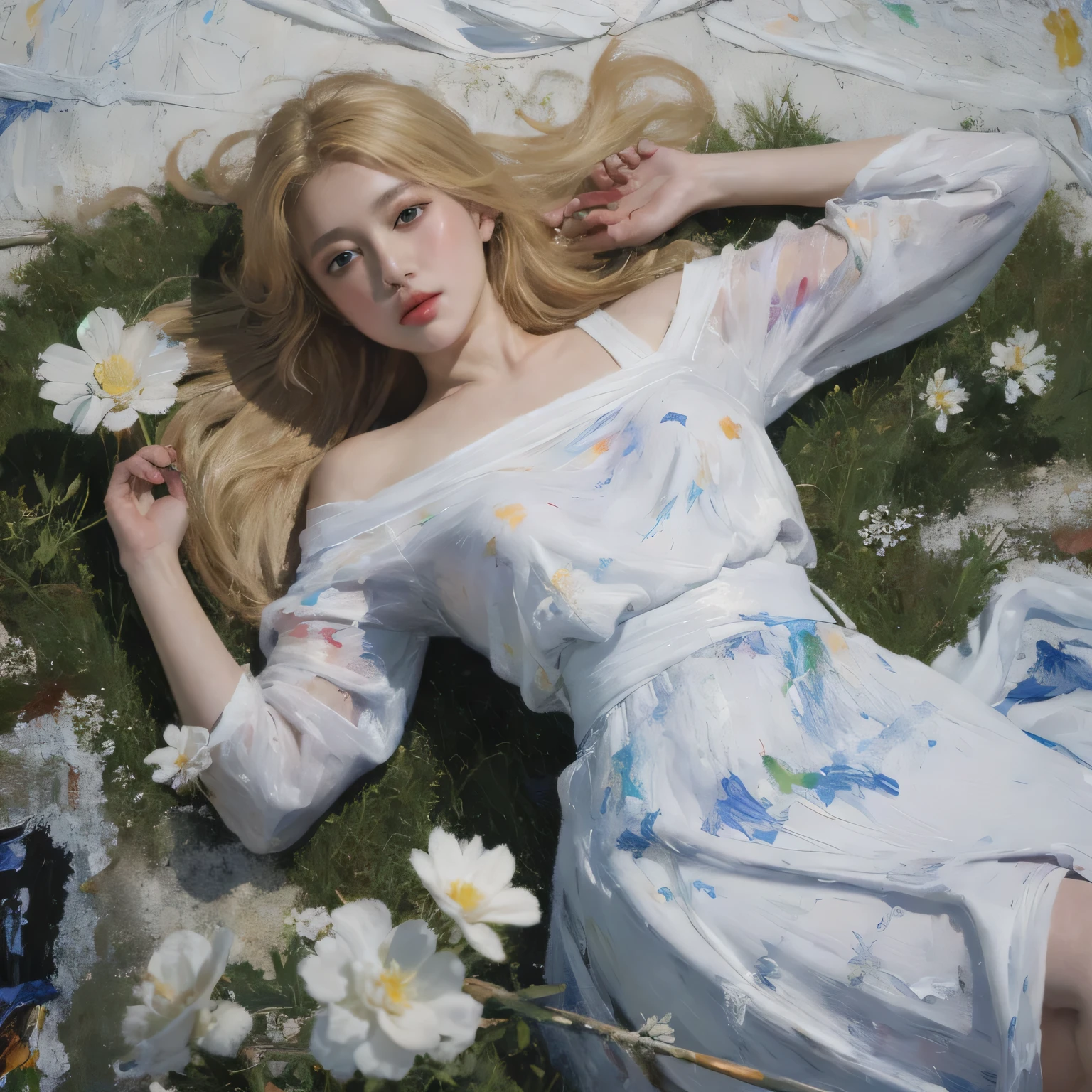 A girl in a dark scene,little girl,Wear jewelry and pearls around your neck,hollowed out,clean,curls, small, Face turned red, thigh, bare shoulders, clavicle, Willow Yao, barefoot,(masterpiece), slim,((Full body female love))