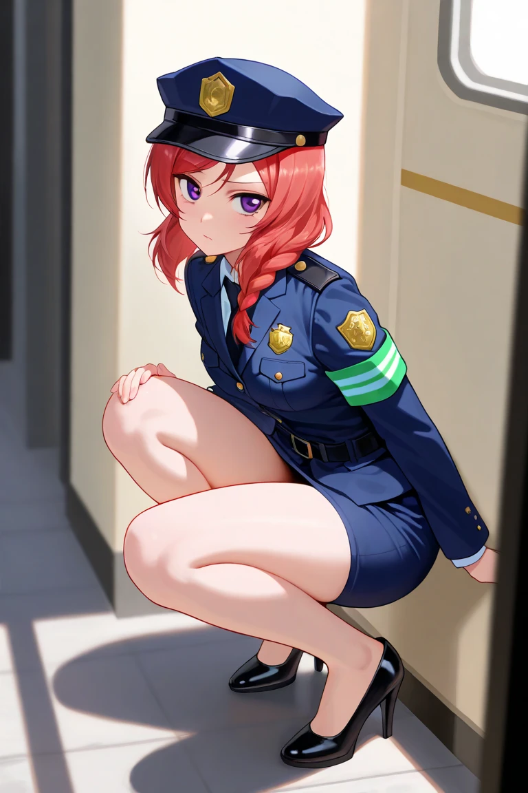 There is a woman in a police uniform, official, police official, (Yoshida Yuuko), sad police, Attire: cop, redhead woman, yoshida yuuko wearing a police uniform, high resolution commission, sheriff woman, Lois van Baarle y Rossdraws, bottomless, leotard blue, bare legs, sitting on a chair, (((his hands are behind his body)),((The whole body is tightly bound.)) in jail,