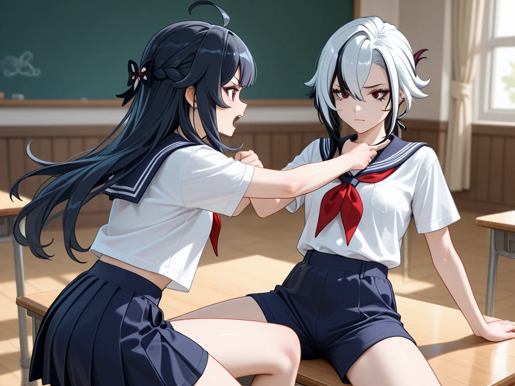 anime girl with long hair and a ponytail standing next to another girl, Kantai collection style, cel shaded anime, shikamimi, anime style like fate/stay night, gapmoe yandere, anime maid  ss military, girls frontline style, from girls frontline, High-quality fanart, highschool background, facing off in a duel, anime scene, twintail