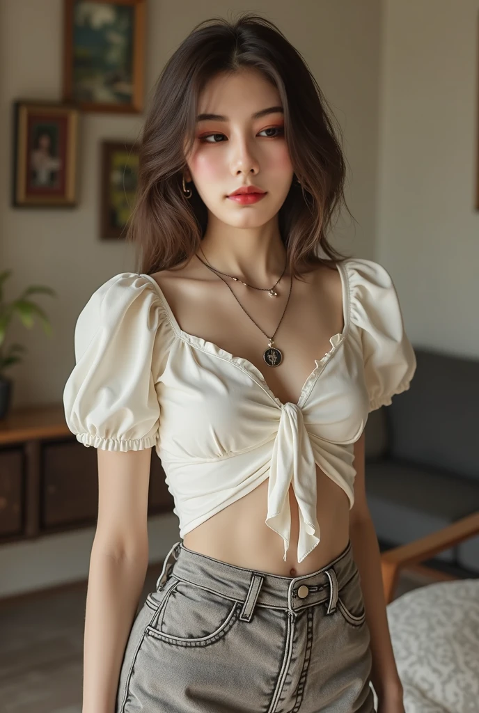 (RAW shooting, Photoreal:1.5, 8k, highest quality, masterpiece, ultra high resolution), perfect dynamic composition:1.2, Highly detailed skin and facial textures:1.2,beautiful and aesthetic:1.2,full body, sandals, Fair skin, (large breast:1.4, Chest gap:1.4),(connie,hair band,earrings,necklace,1girl, tall, long legs, makeup:1.2, long hair, dark orange hair, navel,perfect thigh:1.4, tight tied shirt,short sleeves, tight red short pants:2, belt:1.2),(simple background:1),