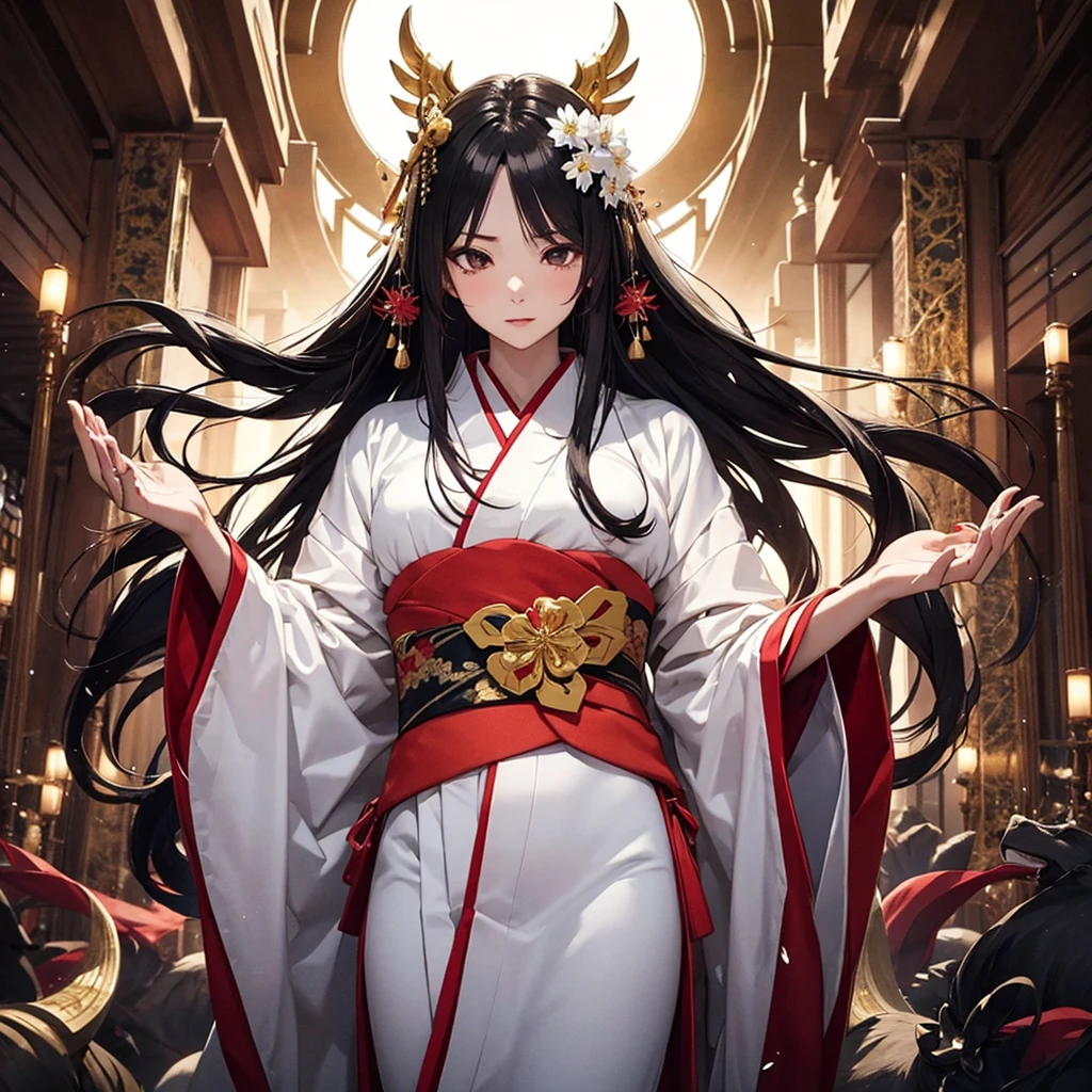 Amaterasu, goddess of the sun, incarnation of the sun, supreme god of Japan, ruler of Takamagahara and the deification of the sun. The ancestor of the Japanese emperor, the supreme god of Shinto in Japan, the incarnation of the Great Hinata, cherry blossoms, ((normal breasts)), (human wife), indifference, extreme majesty, Golden eyes, Japanese makeup, kneeling, shaping the glorious atmosphere, radiance shining in the sky, fair skin, long black hair, sun tattoo on chest, eight-foot qionggouyu, mother, (extremely gorgeous wide kimono, wide sleeves), clogs, white foot bags, perfect legs, Japanese kabuki costumes, gorgeous belts, (lots of luxurious accessories), Perfect flesh full of texture, , searing rendering effect, jaw-dropping, captivating visual enjoyment, ((best quality)), ((masterpiece)), maximum definition, 8K wallpaper, official art, multi-layered texture , super detailed, illustration, (super detailed face), (perfect face), clear texture, fine texture, ultra-high-definition detail display, excellent image performance, high-quality illustration, perfectly fit harmonious tone, deep lines, precise brush strokes, with a strong sense of three-dimensionality and delicate wear, Wonderful color scheme, intricate details