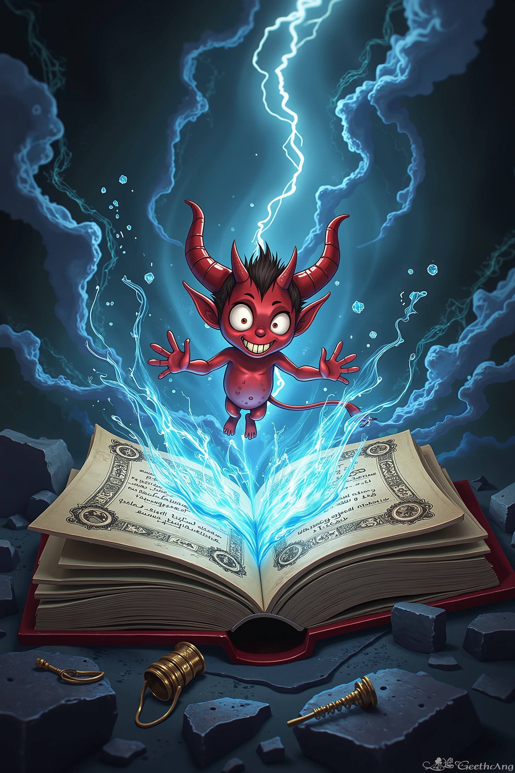 Spell Book, grimoires that release water, (A mysterious picture book where the cartoon devil jumps out)