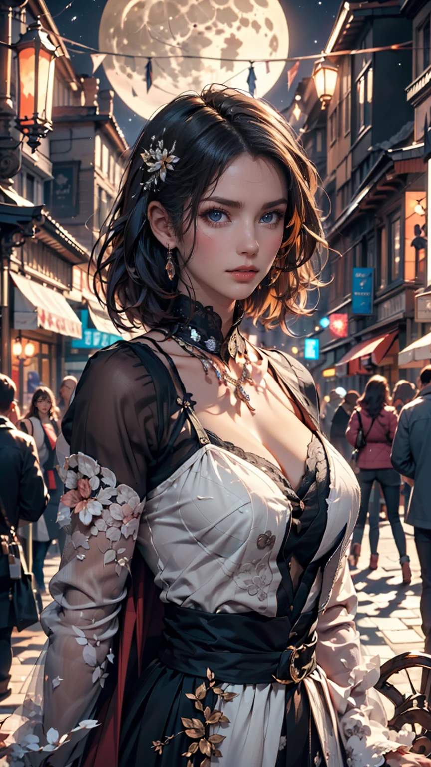 masterpiece, (Front Focus), Surrealist female portrait, Fantasy art, realism, Dynamic Lighting, Art Station, Poster, Volumetric lighting, Highly detailed face, black and fluffy eyes, Sparkling Eyes,4K, Award-winning, 1 Girl, Modest,Full Body Shot, (Formal attire: 1.4,white lace gown), Street lights, Dark brown hair,