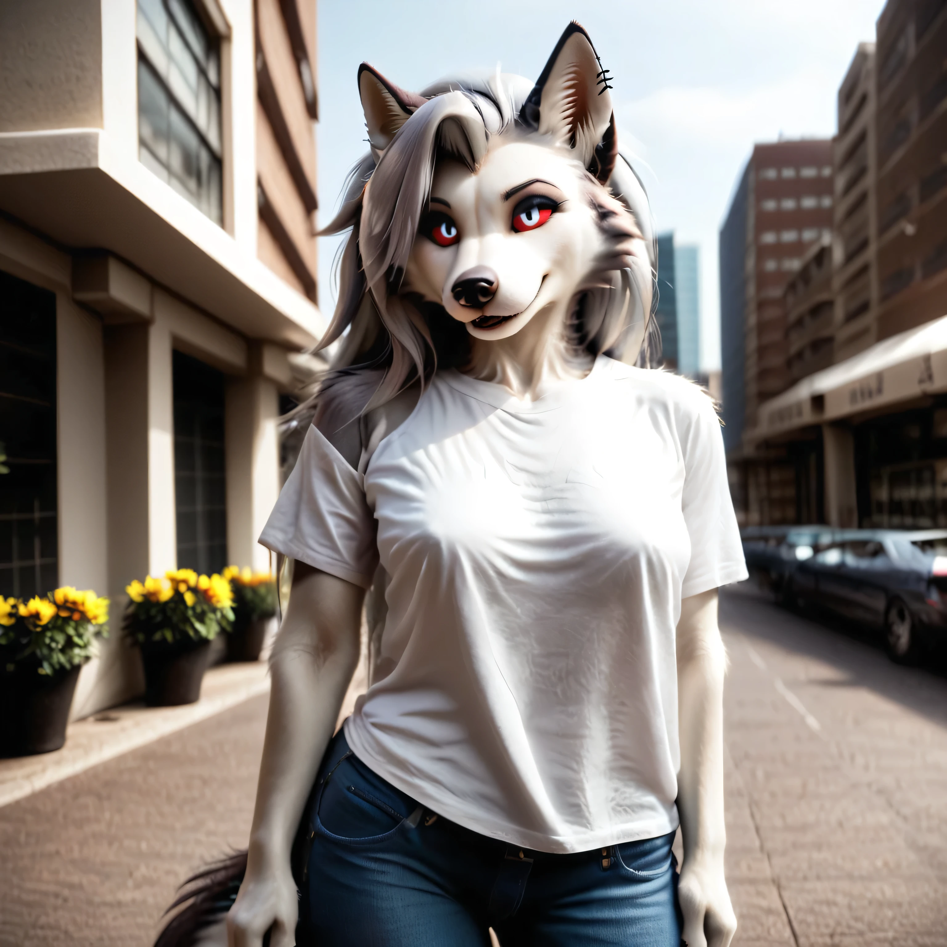 Loona, furry, tall, wearing jeans and t-shirt, daytime, city, fountain square, many people on street, detailed, solo, beautiful, high quality, 4K,