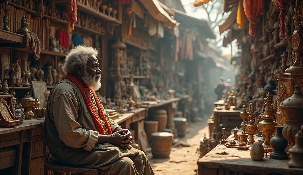 middle aged man wearing only Indian dhoti, Working on his porter's wheel in ancient India, on a sunny day in the village market, realistic details of busy market with lots of different vendors, customers, muddy streets and forest background.