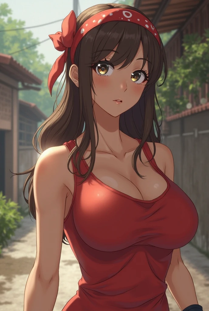 (masterpiece, best quality), intricate details, beautiful girl, brown hair, bright green eyes, red mage robes, revealing, big breasts, long messy hair, pretty lips, close up, smirk, colourful forest setting, sexy, jewelry, upper body, bright,