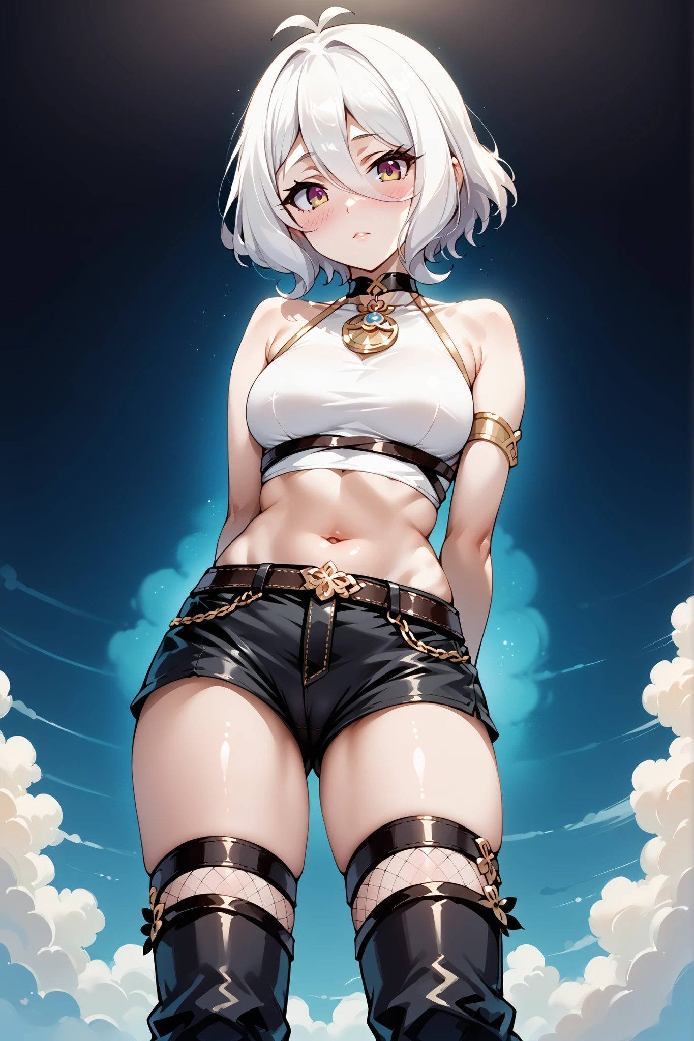 score_9, score_8_up, score_7_up, source_anime, 4K,perfect fingers,(perfect hands, perfect anatomy),prefect lighting, very aesthetic, intricate details,highly detailed background, masterpiece, high quality, best quality, high resolution,
1 girl,solo,Kokkoro_(Princess_Connect!), White Hair, large breast,,
wearing ((choker, crop top, midriff, navel, black shorts, short shorts, thigh strap, fishnet socks, boots, black footwear, bare shoulders, sleeveless, )) ,,
cameltoe, looking at viewer, blush, seductive, ((arms behind back:1.5)),