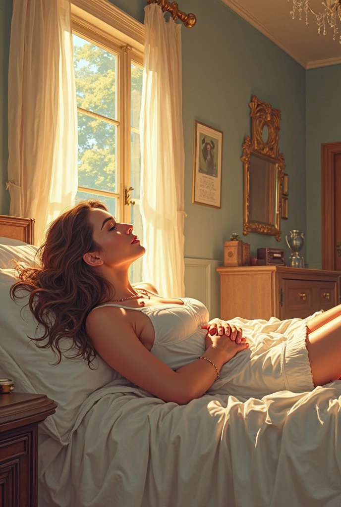 liveroom，sci-fi themed，bright windows，Seaside view outside the window，Beautiful woman snuggling window