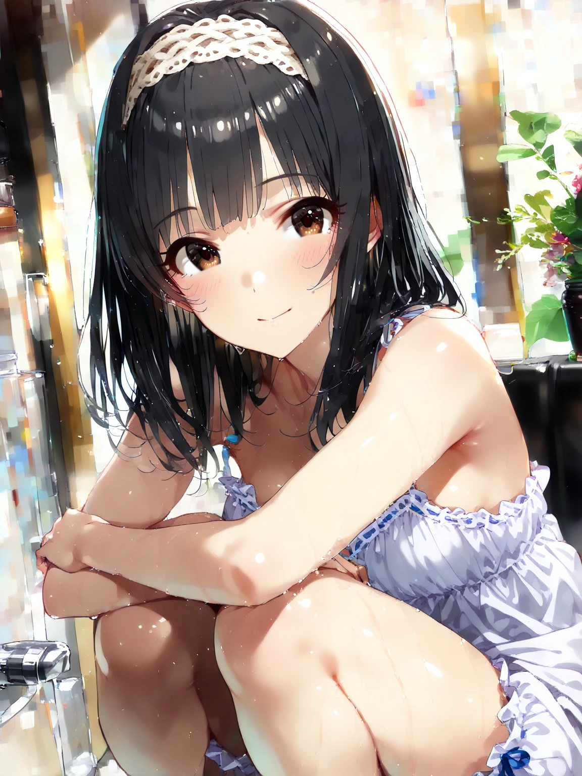 ((1girl)), There is no one around, garden,blue sky, Sitting,  Top view, nsfw, masterpiece, 8k, Girl, Small breasts, 12yo, Light, god々Shii, camisole, まぶShii, Black Hair , The person is unaware that they are being watched, ((looking over there)), Leaning forward, Cleavage, front, Nipples visible from chest,