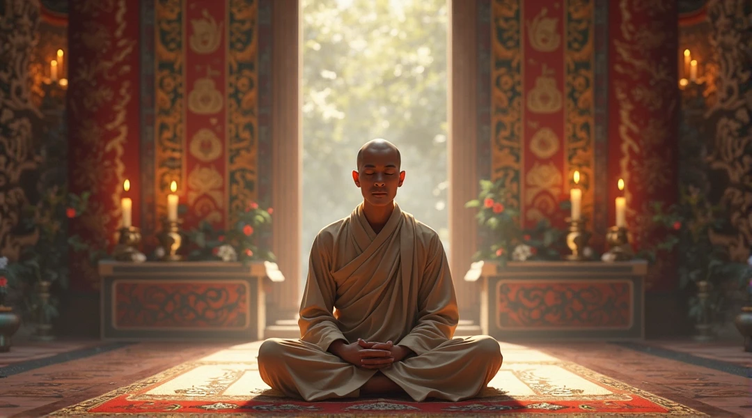 A monk in an orange robe, sitting meditating, in front of a Buddha statue, in a dream, in a fantastic place, 8K quality, boken prize gamma photography. --auto