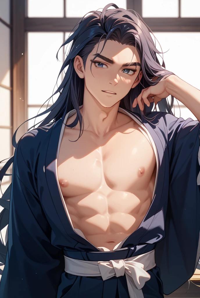 jinshi, long hair, ((BLACK hair)), ((blue eyes)), parted bangs, looking at viewer, low ponytail, solo, sweat, blurry background, topless male, 1boy, BREAK
score_9, score_8_up, score_7_up, score_6_up, anime (((in an open robe))),((blush)),(smile)
