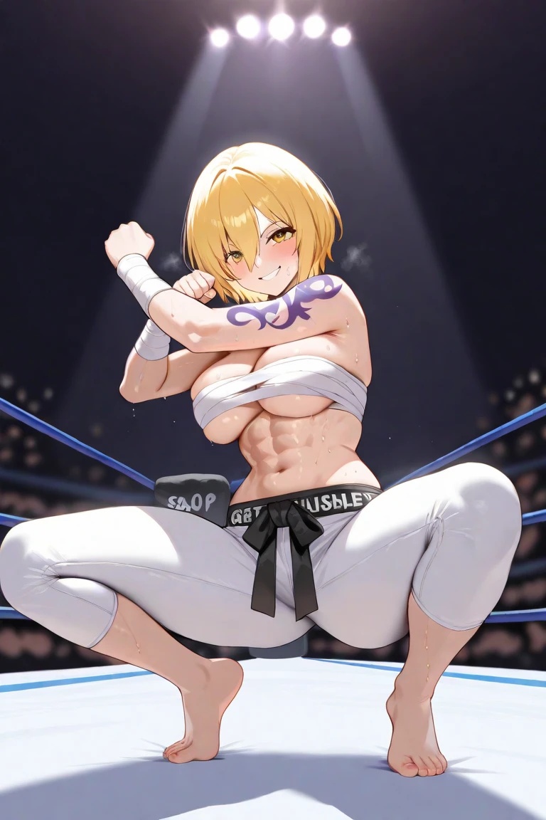 ((((masterpiece, best quality, high resolution)))), Extremely detailed 8K, 1 female, wearing a white Karate gi, (ahegao),white eyes, Small breasts,full body, kneeling, tired, (muscle:1.4), japanese clothes, No underwear,No eyeballs, Facing the audience, looking at the audience, tired, from below, (Exposed armpit:1.1), ((armpit:1.2)), sexy, Sweating, More and more sweat,(ahegao), (Roll your eyes), open mouth, Sticking out tongue, saliva, Slobber,Skinny, raise arms, (arms above head:1.5)(Ultra HD, Ultra-detailed, Highly detailed, Highly realistic, Ultra-realistic, photograph realistic), (1girl:1.5), (Realistic yellow hair), (dynamic poses), facing at camera, looking at viewer, (slightly serious face),(red eyes, sharp eyes), (perky breasts:1.2), (beautiful detailed face, beautiful detailed eyes), ((worn out karate gi)), (preparing for a fight), sweat, glow, (sunbeam, sunlight), ((cowboy shot)), inside a training gym, seductive, EnvyBetterHands LoCon.