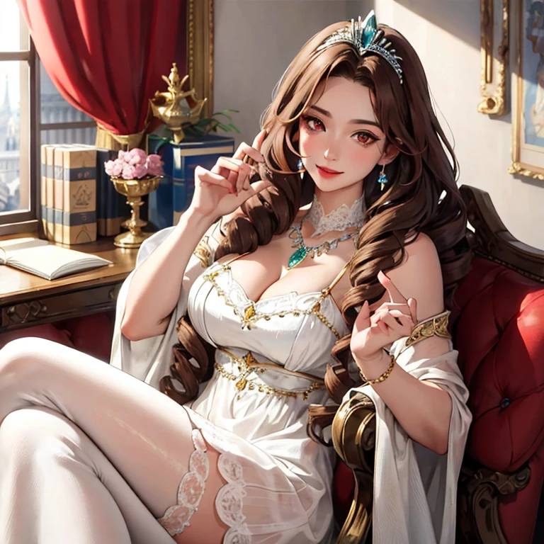 CRUDO, mejor calidad, high resolution, obra maestra: 1.3), hermosa mujer malaya, obra maestra, cuerpo en forma perfecta, pechos grandes, hermosos ojos grandes, pelo largo, by the chestnut, sonrisa suave, muslos gruesos, Hermosa mujer malaya con vestido blanco corto sentada en una silla de madera, Su cara esta sonriendo, Hermosa y conmovedora。Her pelo largo is draped thinly over her shoulders, revoloteando ligeramente, Ella parece estar disfrutando de un momento de paz., The surrounding environment is full of warmth and tranquility., The red chair adds a touch of vitality and bright color to your image., contrastando con el vestido blanco corto que lleva, draws attention, toda la imagen desprende un ambiente relajado y agradable, warming the heart