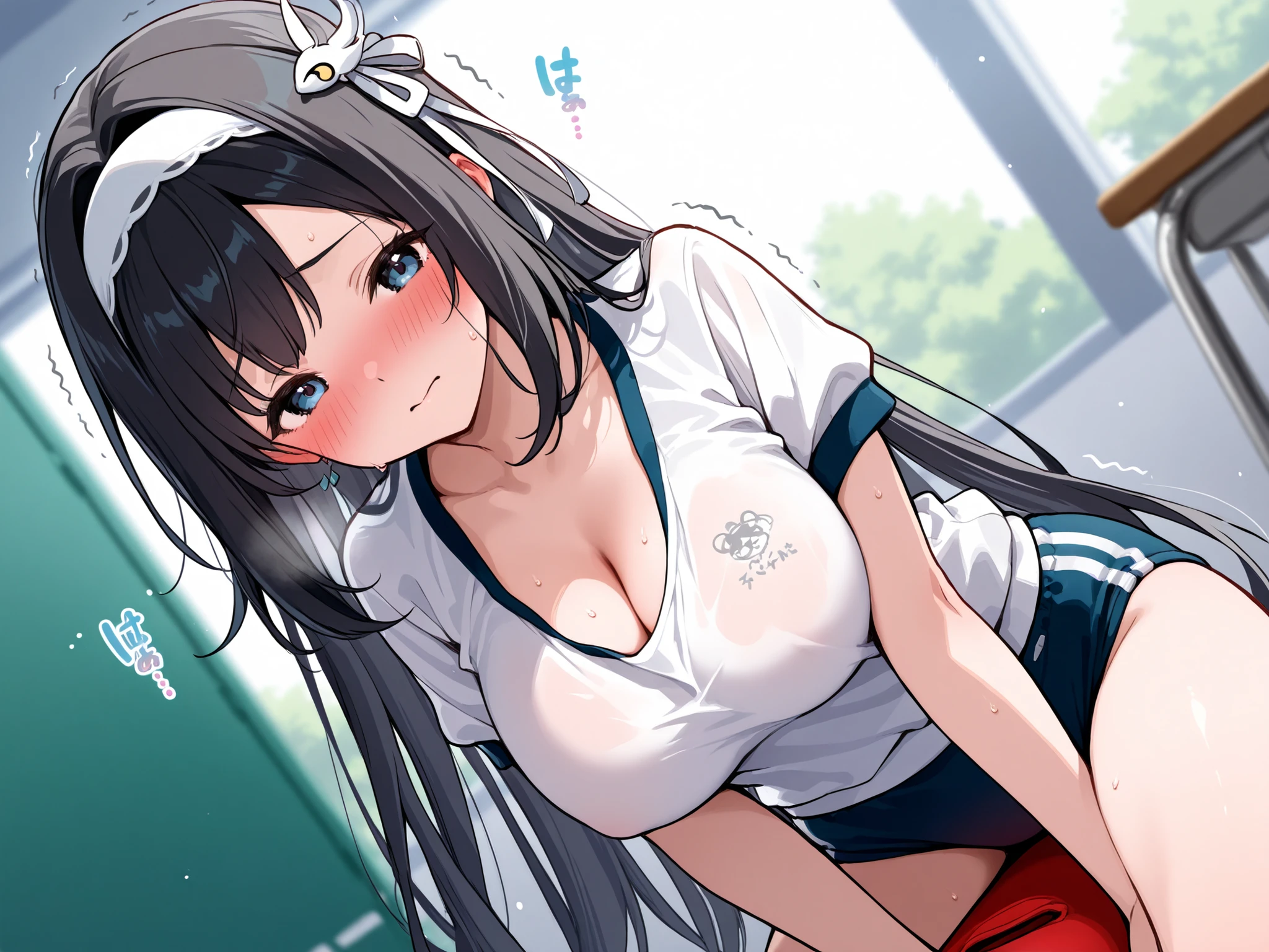 lan_yan_,black hair、blush、cleavage、no bra、gym clothes exposed、前かがみ、my chest is shaking