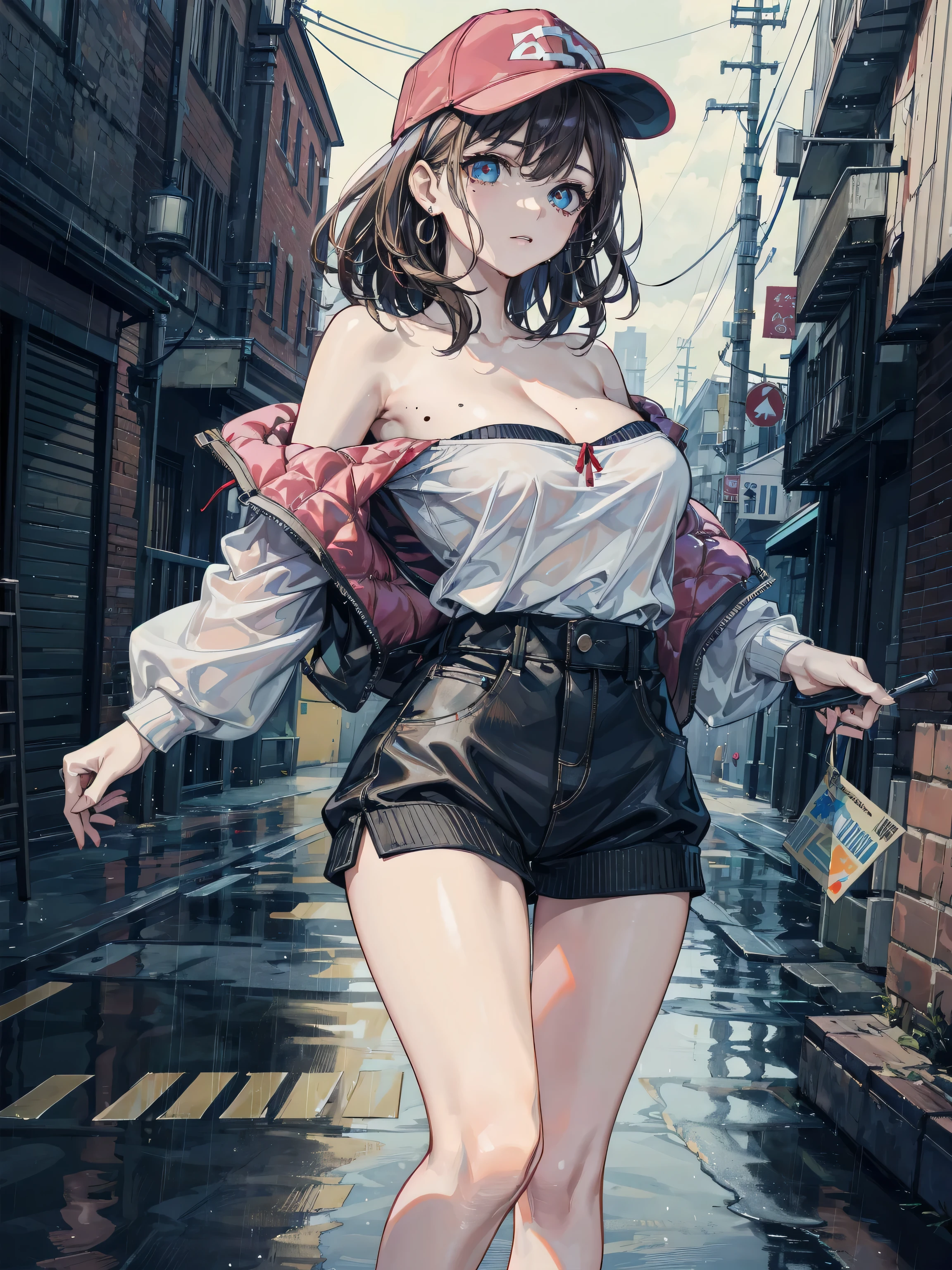 (masterpiece), 4K,woman,Long sleeve sailor suit,Tied up hairstyle,Small breasts,Small Ass,Curly Twin Tails,Light bulb lighting,Realistic, skinny, Grin,See-through bra,((,Knee-length bloomers)),standing at the bus stop,rain,