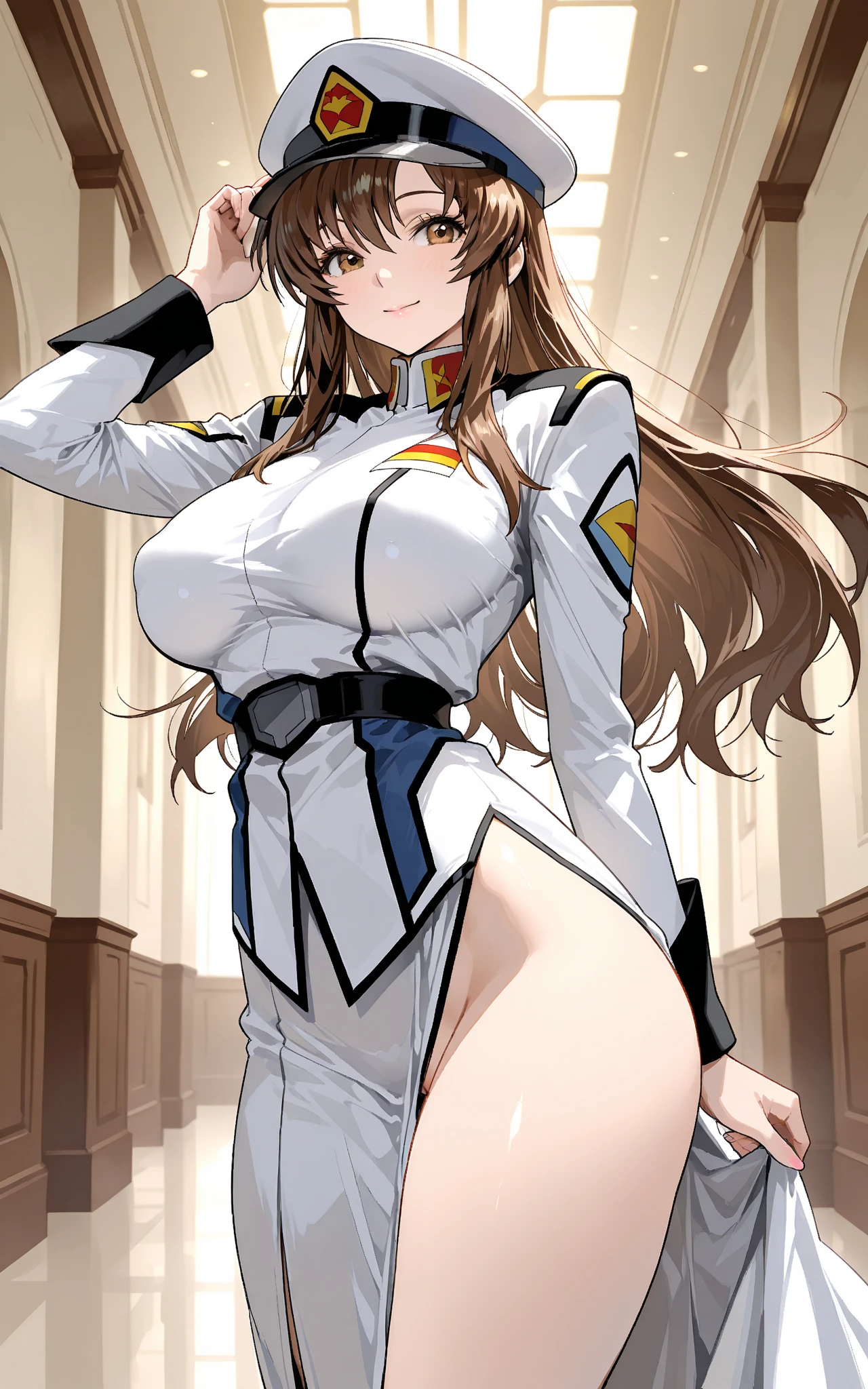 A woman, long brown hair ((Wavy hair at the end of the hair)), blue eyes ((bright pupils 1.5)) break 
White shirt((with white shirt collar)), Pink coquette jacket((Zipped up half way)), Space blue short, Black gloves((short gloves,cover only the wrist and middle finger)), Black tights, White legs warm,Blown boots ((Short)). Break 
