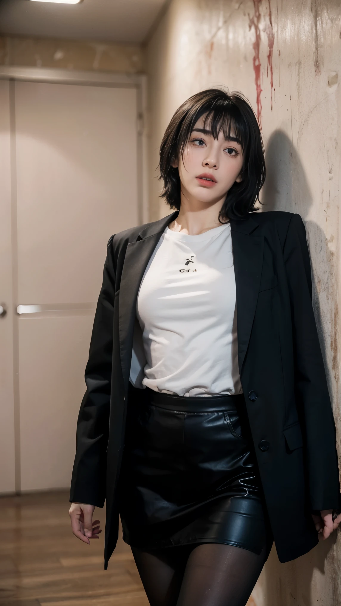 (masterpiece), best quality, expressive eyes, perfect face, himeno, chainsawman, Aqua eyes, short black hair, Greek Greece woman, nosebleed, wound, investigation background, thighs, depression face begging, slim, sweat, HD, CIA, white bra, high libido, open uniform, standing, pussy visible, shirt tucked in, agent, tall, blood from mouth, blood sperma through shirt uniform, CIA suit uniform, pains sadness, drool, swept bangs, makeup running, blood on clothes, ((CIA agent)), crest, coat of arms, sneakers, (blood splatter), crying, tears, cry sad face, blood, leather pantyhose