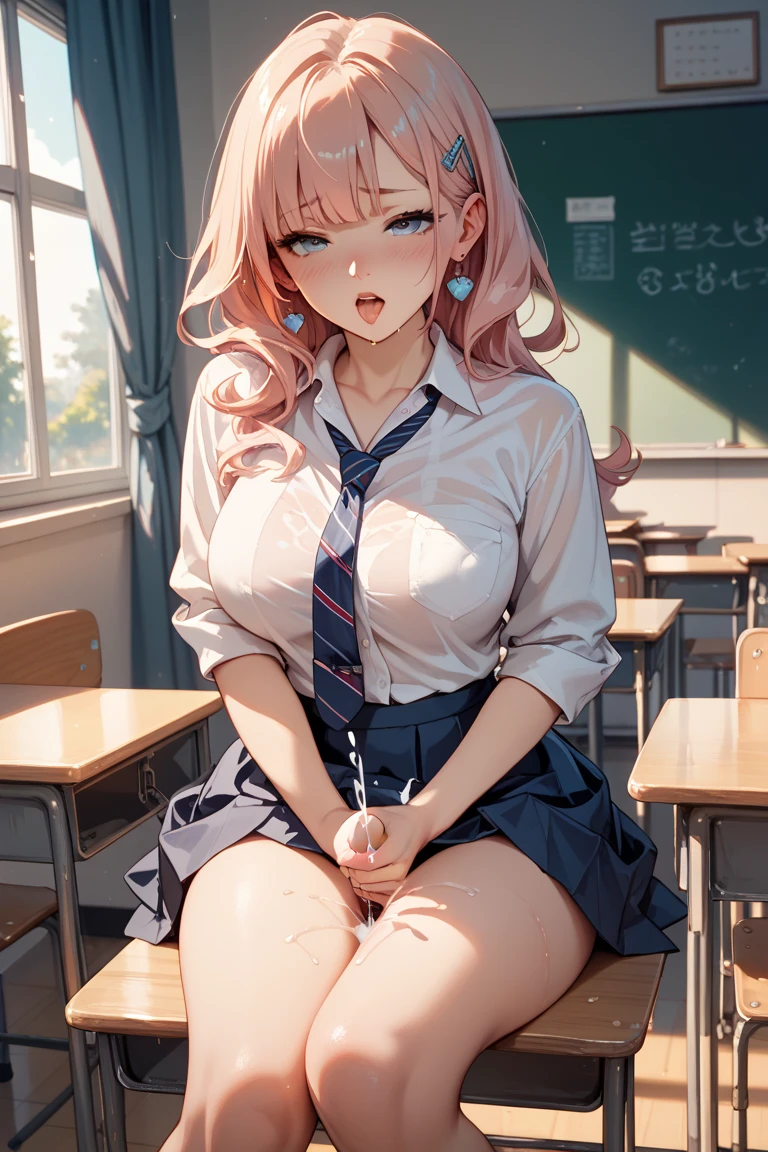 debris flieasterpiece、highest quality、Super detailed、High resolution、High resolution、8K portrait、Unity 8k壁紙のHigh resolutionCG、unity 8k wallpaper、cute:1.5、:1.5、Highly detailed CG unity 8k wallpaper、realistic、real person、cute、 portrait photography、shiny skin、High resolution、Pink hair shorthair、(:1.2)、(1 girl)、(classroom:1.6)、(school uniform),perfect face, seriously, (blush:1.5),(((clothing lift:1.5))), (medium chest:0.8), Detailed description vagina,show vagina,spread legs,spread ,((vaginal orgasm:1.5))