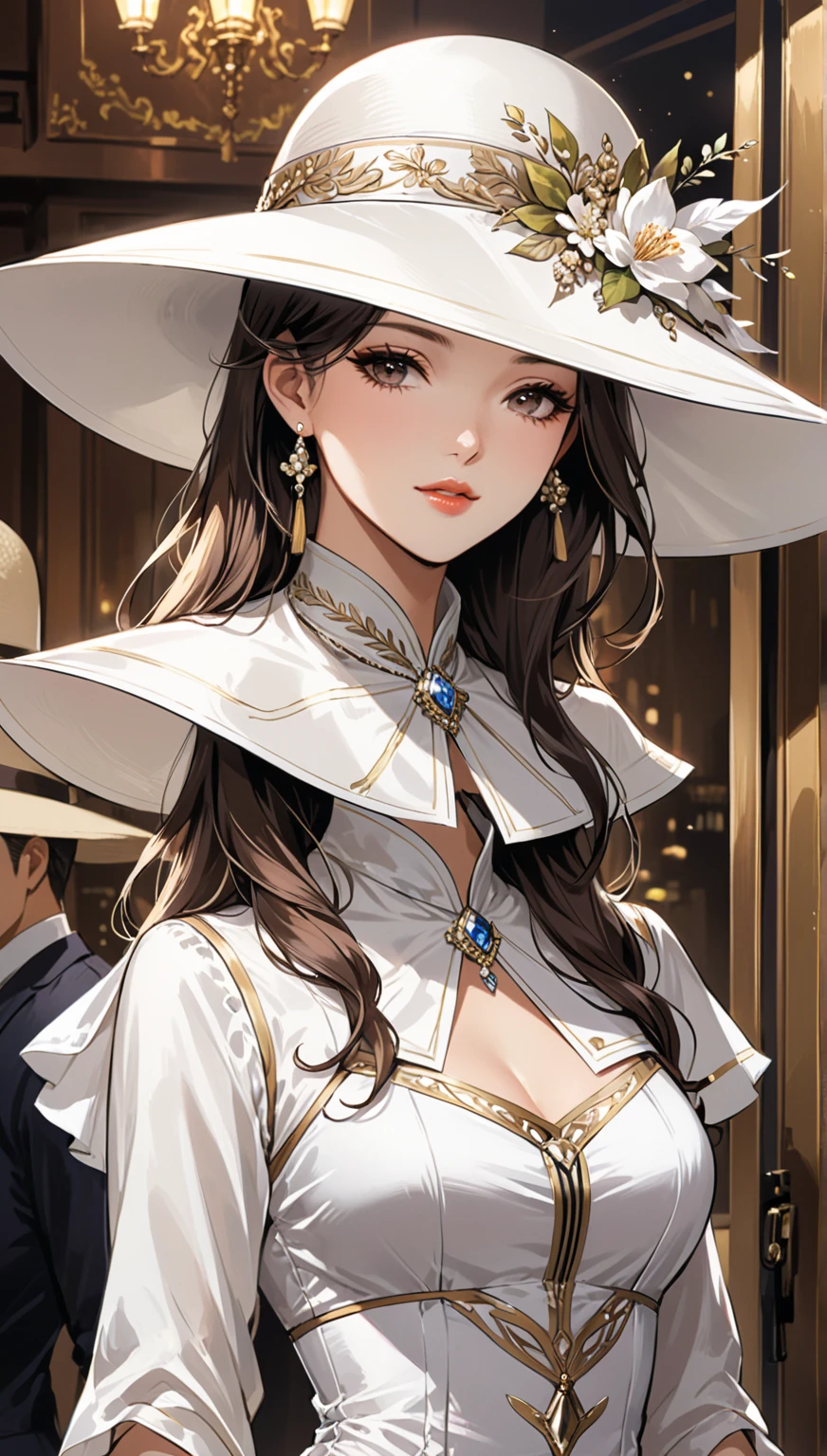 beautiful lady, Alphonse Mucha's style、Top hat、tailcoat, Jacket, tiese, monocle, light reflections, Oil painting, voluminetric lighting,sexy big breasts exposed，Bigchest