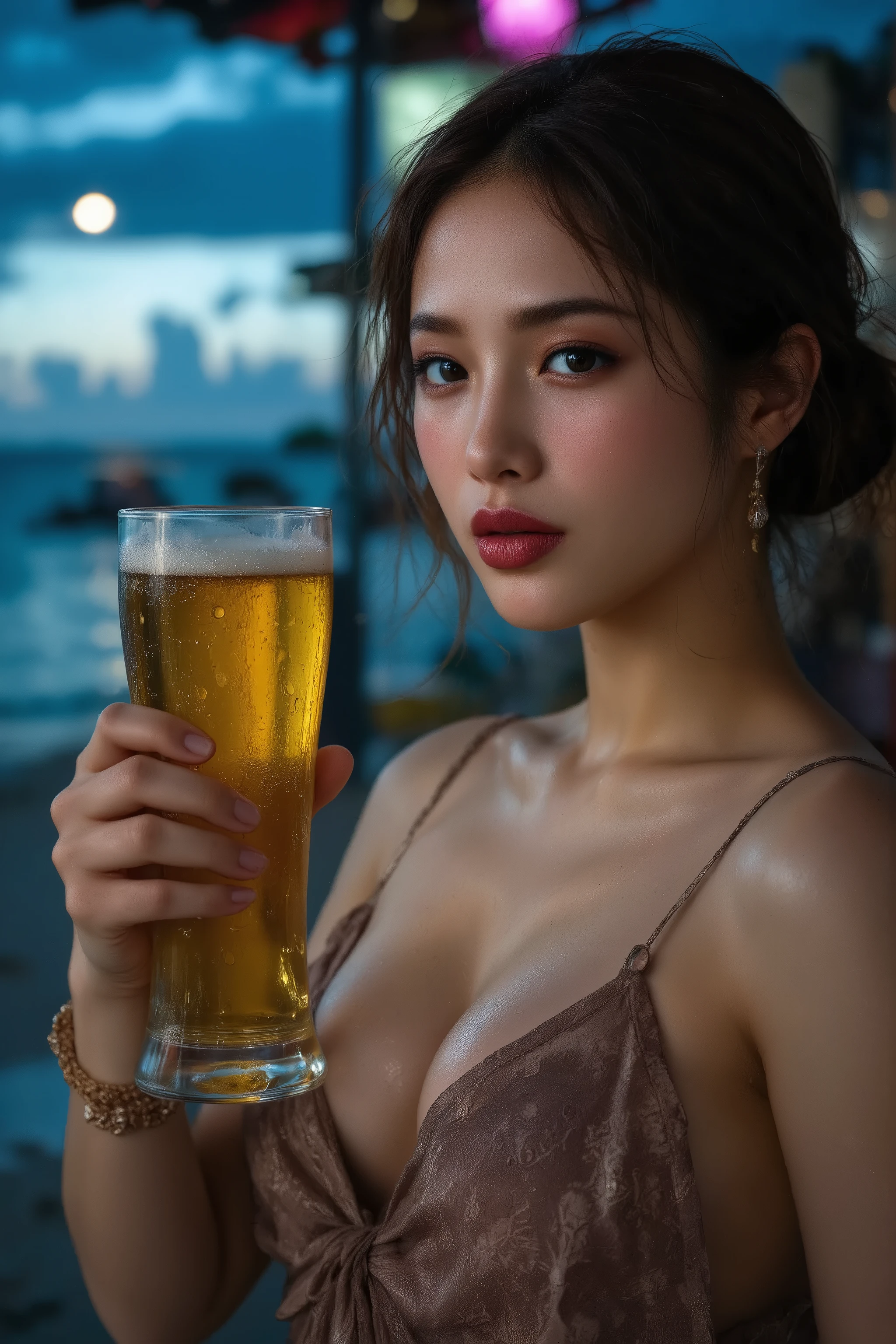 1 woman,solo,japanese,asian beauty,pale skin,large breast,wet skin,a close up of a woman ,holding a slim beer mug,big smile,fashion portrait,(("Cheers!!")), cold beer,Beer with droplets of water, holding a beer,1 beer mug, drinking beer,in beach bar,at night,cinematic lighting,summer time vacation,beautiful detailed,Anatomically correct,vivid color,((ultra-realistic,as realistic as possible,cinematic quality,top quality,masterpiece,High sensitivity,High Resolution,detailed depiction,16k,8k,hyper realistic photo,beautiful detailed,High Definition,high detail,realistic,8k octan advertising photo)),j3y
