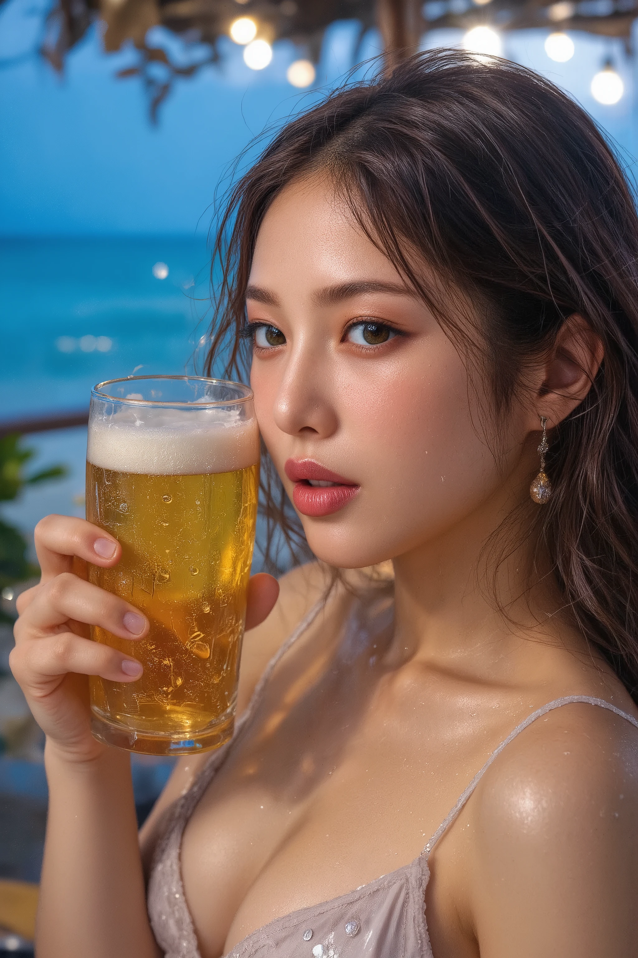 1 woman,solo,japanese,asian beauty,pale skin,large breast,wet skin,a close up of a woman ,holding a slim beer mug,big smile,fashion portrait,(("Cheers!!")), cold beer,Beer with droplets of water, holding a beer,1 beer mug, drinking beer,in beach bar,at night,cinematic lighting,summer time vacation,beautiful detailed,Anatomically correct,vivid color,((ultra-realistic,as realistic as possible,cinematic quality,top quality,masterpiece,High sensitivity,High Resolution,detailed depiction,16k,8k,hyper realistic photo,beautiful detailed,High Definition,high detail,realistic,8k octan advertising photo)),j3y