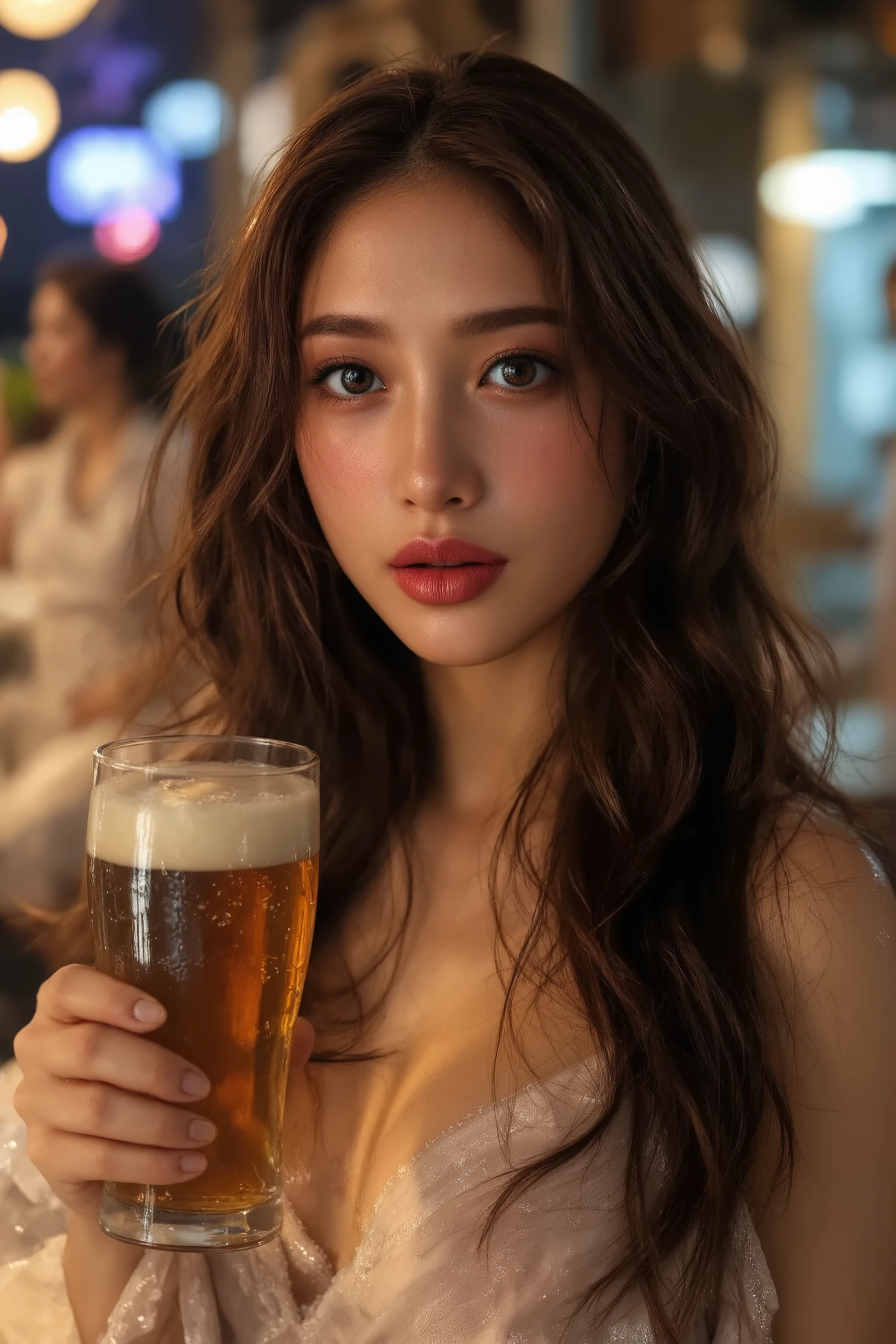 1 woman,solo,japanese,asian beauty,pale skin,large breast,wet skin,a close up of a woman ,holding a slim beer mug,big smile,fashion portrait,(("Cheers!!")), cold beer,Beer with droplets of water, holding a beer,beer mug, drinking beer,in beach bar,at night,cinematic lighting,summer time vacation,beautiful detailed,Anatomically correct,vivid color,((ultra-realistic,as realistic as possible,cinematic quality,top quality,masterpiece,High sensitivity,High Resolution,detailed depiction,16k,8k,hyper realistic photo,beautiful detailed,High Definition,high detail,realistic,high detail,High Definition,high detail,8k octan advertising photo)),j3y