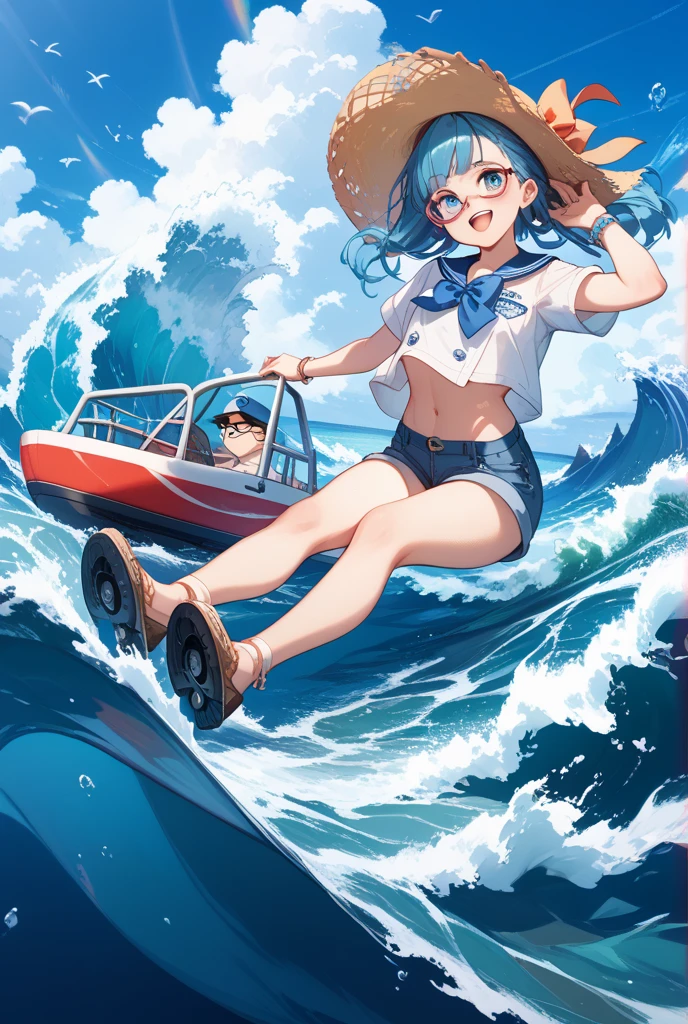 Summer sky　Summer sunshine　Beautiful girl playing in the sea　Light blue long hair　Beautiful girl with twin tails　One piece swimsuit　Many girls are playing in the sea　Bright smile　Seagulls are flying in the sky　There is a yacht floating in the sea