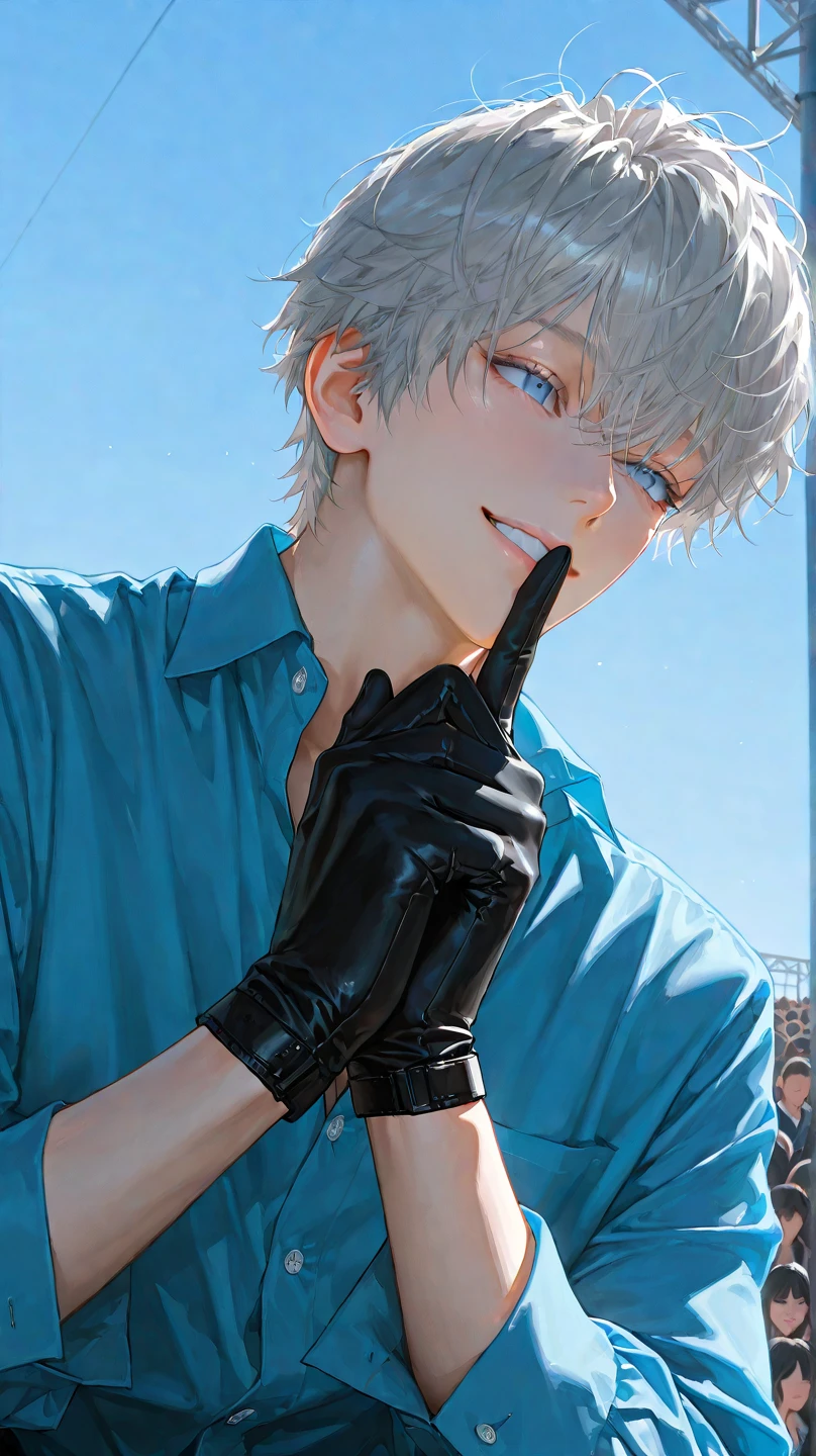 8k, 아름다운 masterpiece, 32 year old male , handsome, Smiling, Messy Hair, Two block perm hair, light gray hair , 1 man , male-centered, handsome man, Thick painted, sky blue eyes, Perfect Eyes ,semi-realism art , semi-realism art style, looking at the front, masterpiece, top quality without window, amazing quality, Exquisite Details, very detailed, mature, alone, disheveled blue formal shirt, unbuttoned formal shirt, jeans, Harness, black half gloves,Plain gloves ,looking at viewers, pale skin, low angle, Close , Upper body cut, Sweating, cigarette, smoking