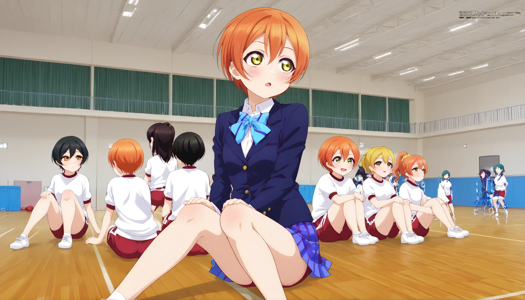 1girl,unwellness hoshizora rin, striped, short hair, blush, otonokizaka school uniform, lovelive_rin black blazer, blue plaid skirt, blue stripe bowtie, orange hair, very short hair, hair between eyes, yellow green eyes,sitting on the floor grasping one's knees (as in a gym class),score_9, score_8_up, score_7_up, rating_safe, masterpiece, best quality, absurdres, unity 8k wallpaper, official art, official style, source_anime, uncensored, game cg, megami magazine,taiikukan, indoors, sportswear, multiple girls, indoors, photo background, shorts, 6+girls, ceiling light, black hair, ceiling, stage, wooden floor, gym uniform, sportswear,Gymn4s3,