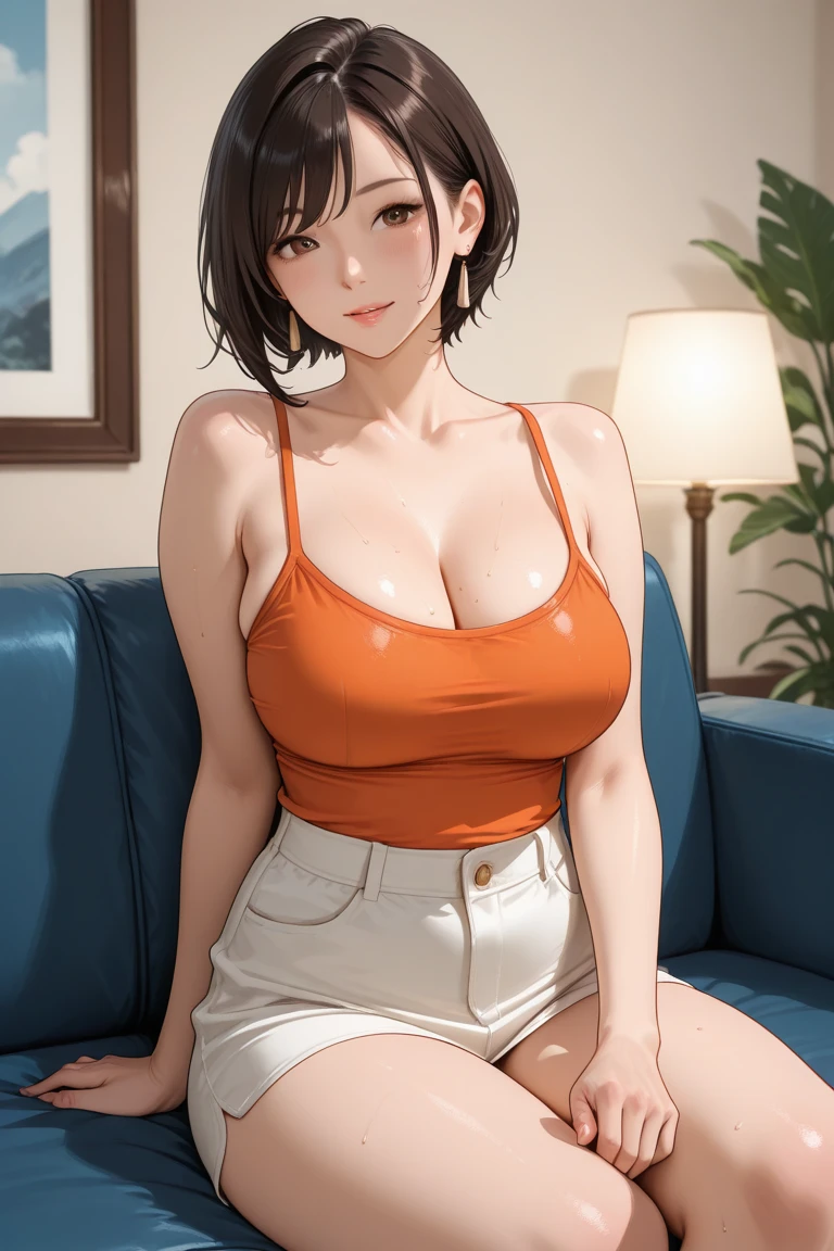 Tabletop, highest quality, Photorealistic, In detail, High resolution, 8k wallpaper, Perfect dynamic composition, Sharp focus, Surreal, Beautiful fine details, Pixie Cut Hair, Big ample breasts, Random sexy poses, Put your chest together, (Beige tight O-neck knit tank top, Black lace high cut panties), (Thighs), (Breast bulge:1.2), (grin), Open your mouth, Resort scenery, 45 years old, (drooping eyes:1.4), Adult Beauty, Japanese, simple chain necklace