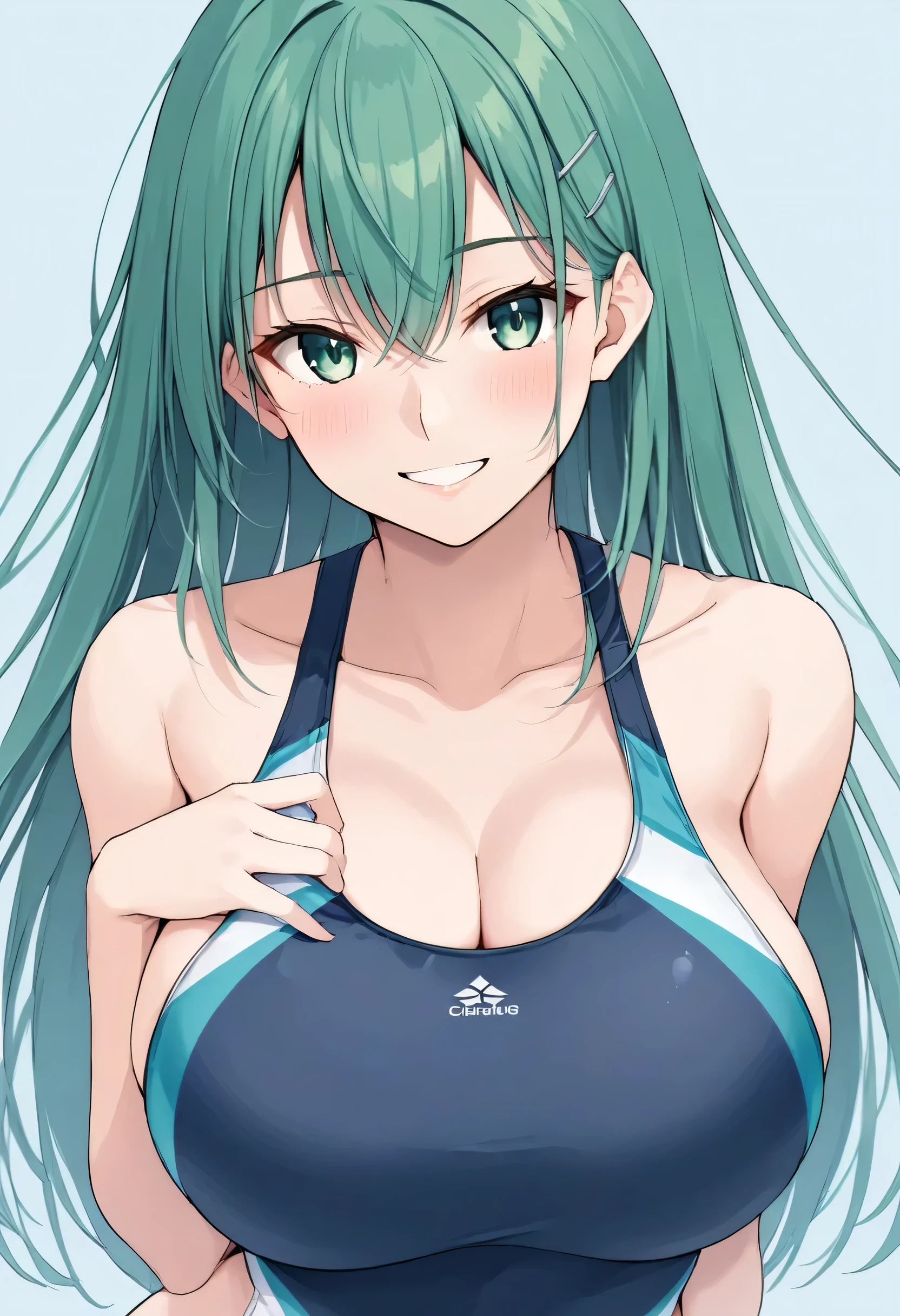 KanColle, Suzuya, ultra high resolution, Anatomically Accurate, one girl, solo, standing, straight green hair, hair that doesn't stick to shoulders, smooth hair, straight hair on the cut surface, green eyes, clear eyes with a jewel, Beautiful Eyes, uniform long bangs, hair clips, competitive swimsuit, competition swimsuit, smile,  popup, too big chewy , hyper breasts, gigantic breasts,  women with hands on their hips, Night Bedroom