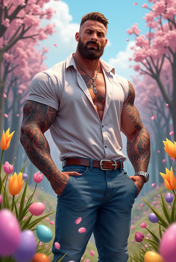 (absurdres, highres, ultra detailed), 1 male, beautiful, handsome, tall muscular guy, smooth skin, sexy gaze, mature, verious red and pink roses around him, the man is standing comfortably in the roses, from directly above, gorgeous, wet, model pose, colorful, artistic, depth of field, focus on his calm facial features, elegant look, looking at the viewers romantically, shirtless, bare body, wearing black flirty touch underwear, tattooed chest, full body tattoos,