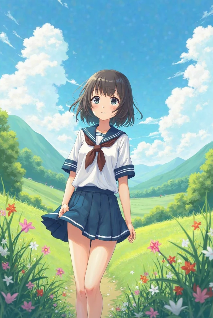 (masterpiece), (best quality), (ultra detailed), 1 girl, late teenage, standing, wave hand, thigh focus, from below, school uniform, serafuku, hair band, bob cut, brown hair, smile, looking at viewer, japanese rural landscape, rice paddies, gravel road, cumulonimbus, in summer, professional lighting, stunning face, detailed eyes and face