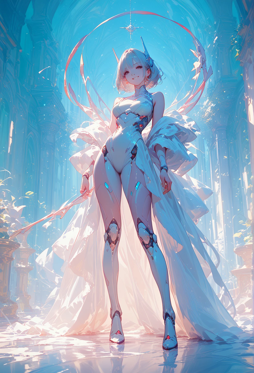 ((masterpiece, best quality)), Delicate face,Magician,Standing picture,whole body,Perfect body proportions,Long legs,Handsome short hair,Nice pink eyes,Fantasy style,White background,Extremely beautiful,transparent,Pure white armor,Sexy bikini,cloud,Water Ripples,chain,Tattoo,Lace,exposed