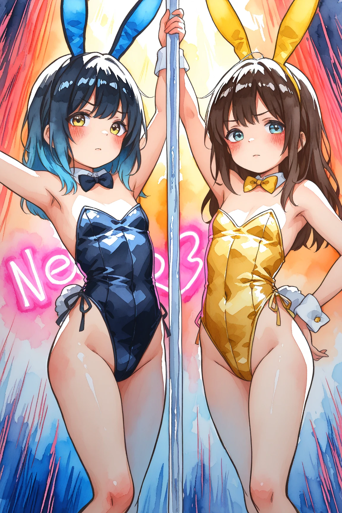 nsfw:1.2,Watanabe Yo, Tight swimsuit, Photo pose,(smile:0.7), Medium chest, From behind, Wedge Shape,Bare back, A little bigger ass、Overflowing Sex Fluids:1.5