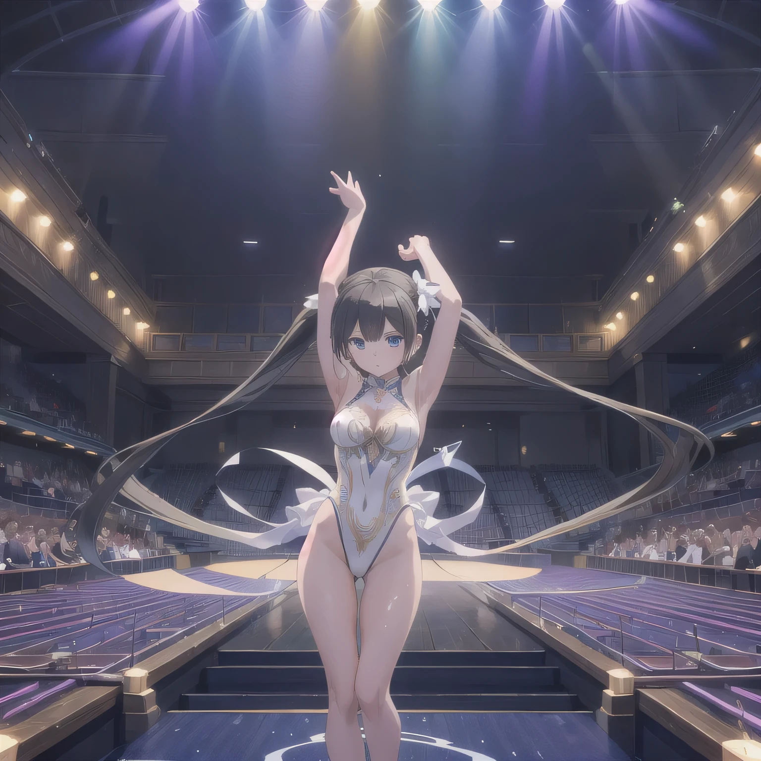 asakuranemu, brown hair, short hair, ribbon, green eyes, , large breasts, live stage, solo,　, (nsfw, nude, naked, 1girl, solo) , nipple ,empty eyes, (large breasts:1.2) , crying、 whole body　, palace, squall