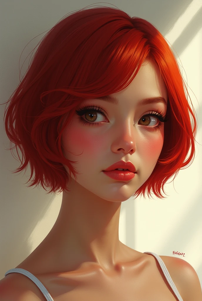 (masterpiece, high quality, fisheye:1.2), (close-up portrait:1.1), solo, model photoshoot, (red theme:1.1), a stylish girl, red hair, silver eyes, red lipstick, red eye shadow, blush, (freckles:0.7), (european, 22 years old:1.3), sexy, pure innocence, (light smile:0.8), whore vibe, in love, simple red dress, cleavage, detailed natural skin texture, seductive gaze, detailed lighting, (red:1.1) wall background, shallow depth of field, romantic setting, dreamy pastel palette, whimsical details, captured on film, nsfw, (intricate details:0.5), looking at viewer