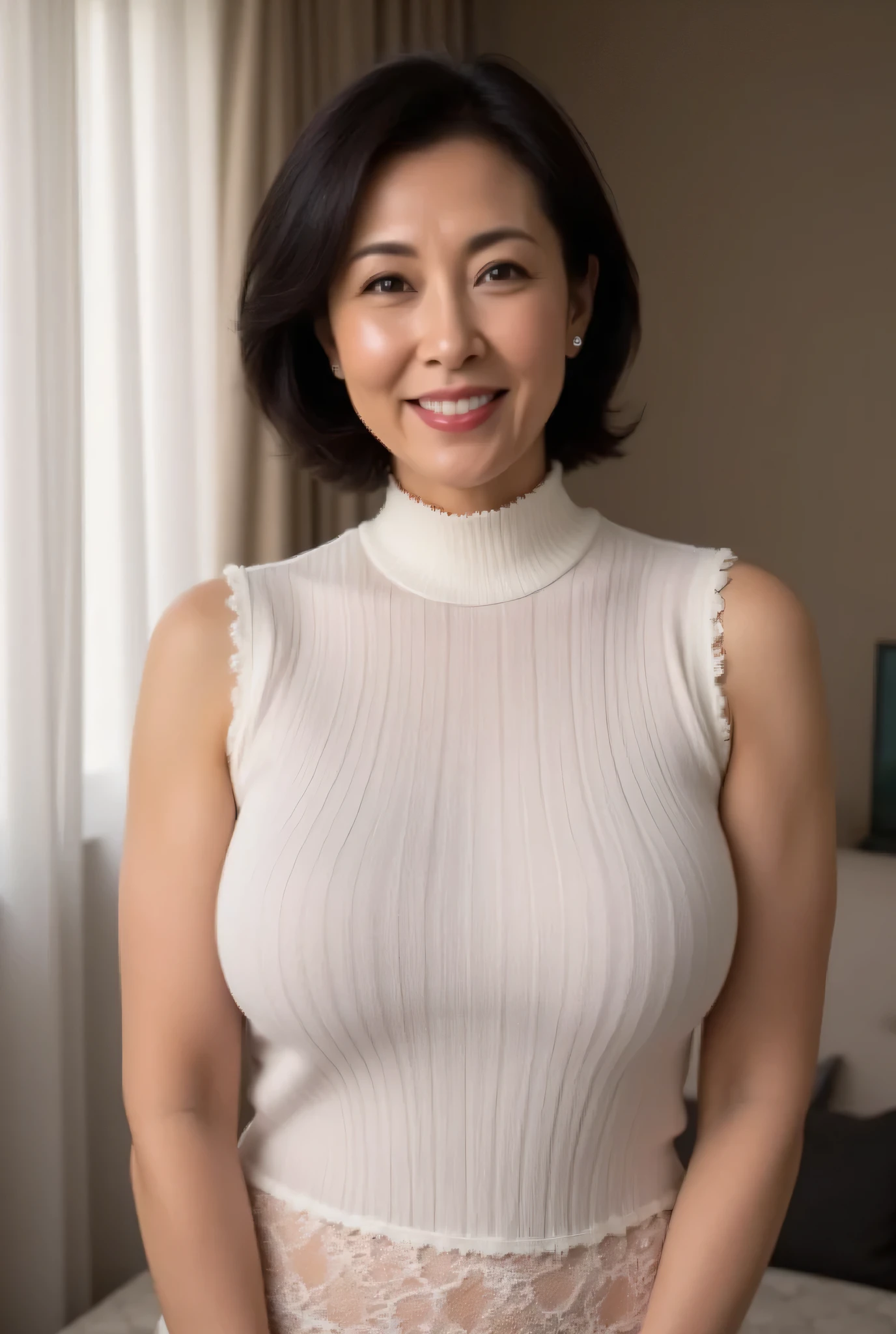 50 year old middle-aged woman wearing sleeveless turtleneck knit and white lace panties, Wavy Short Black Hair 、 . Standing in the living room , Friendly Smile , Full Body Closeup, (Incredibly Big Breasts:100.0)