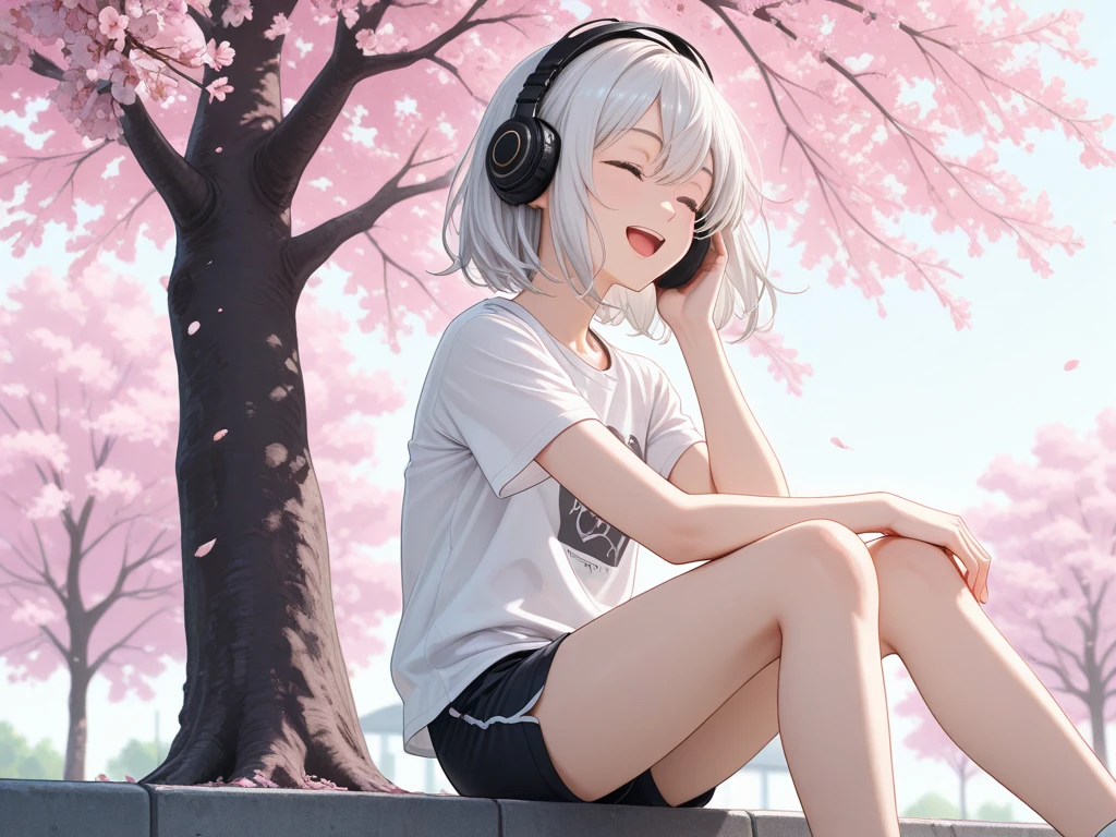 ((best quality)), ((masterpiece)), (detailed), perfect face, sitting under the cherry blossom tree, listening to music, One woman, wearing headphones, eyes closed, wearing underwear