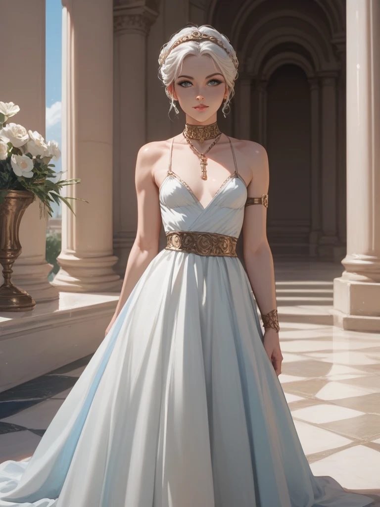(masterpiece), (best quality), ((ultra-detailed)), (highly detailed analog style photo), natural lighting, photorealistic, extremely beautiful young lady in the marble rocks, dramatic pose, intricate detailed silver glittering ancient greek style pearl dress, shining, gloss, crisp, flirty, epic, focus, artistic, very bright, intricate hairstyle, pattern, bas-relief, cinematic shot