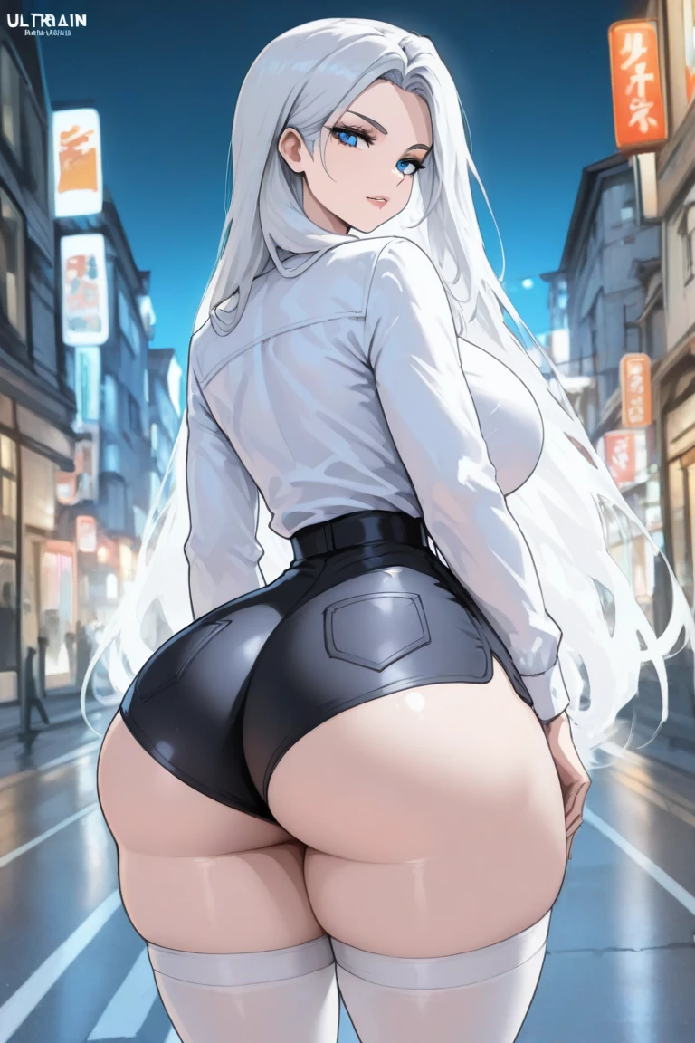 A girl, White skin, long black fur, Blue eyes, wearing a long sleeve white button up shirt, big breasts, perfect ass, shiny black tight leggings, alley, evening, absurd, high resolution, ultra-sharp, 8k, Masterpiece, view from behind, looking at the viewer