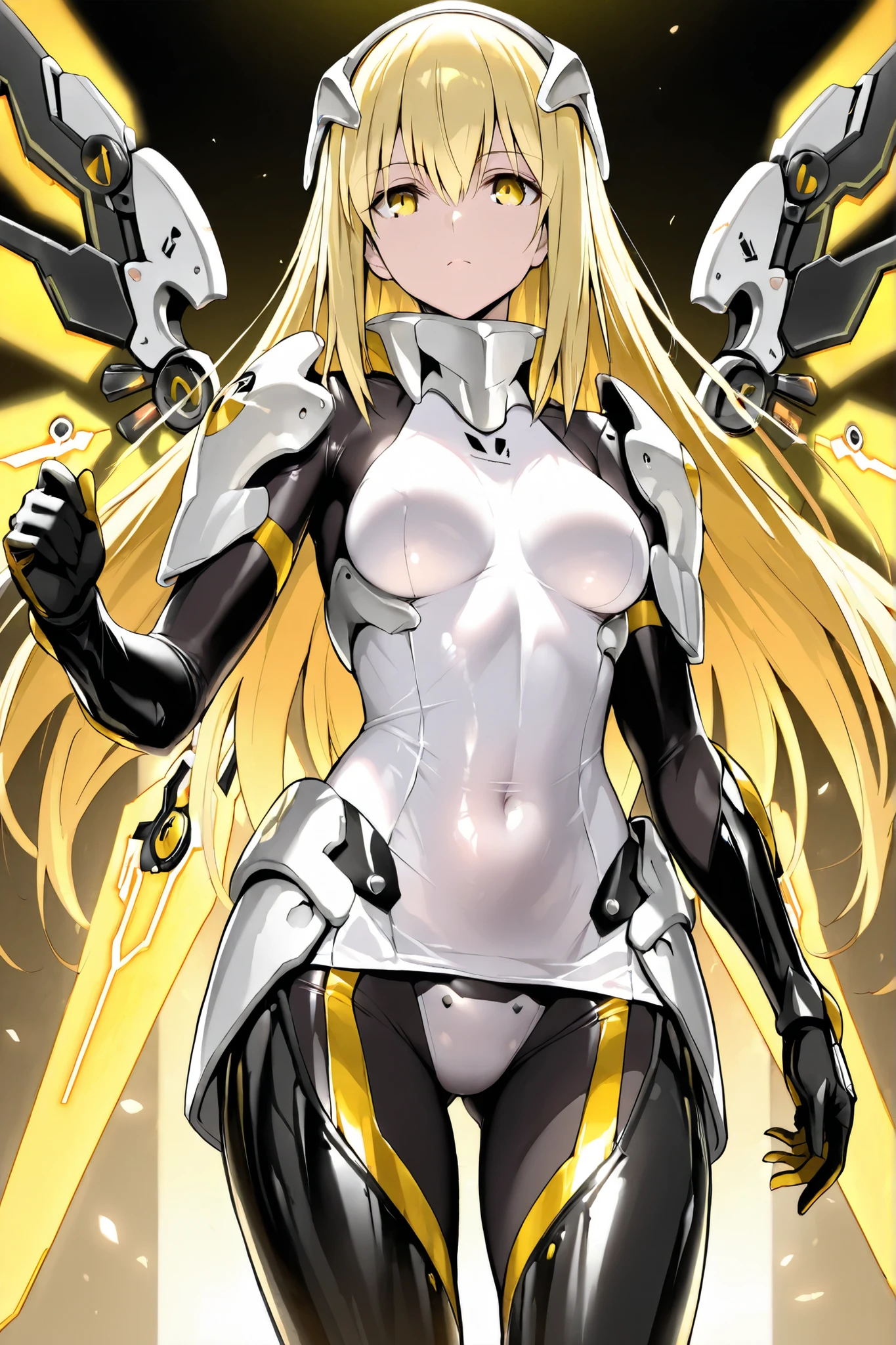 Anime, Girl, (((1girl))), (((Waifu, Aiz Wallenstein Waifu))), (((Vivid Yellow Hair, Long Hair))), ((Golden Yellow Eyes eyes, Detailed Eyes, Power Symbol In Iris)), (Detailed Body, Detailed Face), Slim Face, Dramatic Pose, [(((Gold and White Color Scheme))), (((CPU))), (((Console Patron Unit))), (((Hard Drive Divinity))), (((Skintight))), (((Armor pieces))), (((Floating Mechanical Wings))), (((Holographic Wings))), Aura of Golden Light], (masterpiece:1.2), (best quality:1.2), (very aesthetic:1.2), (absurdres:1.2), (detailed background), newest, intricate details,