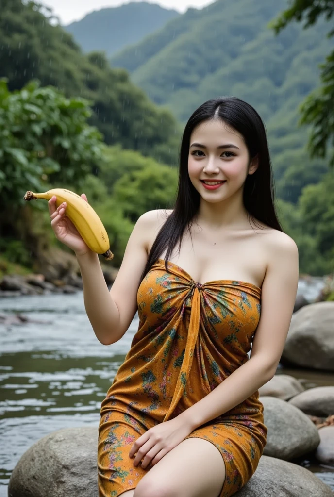 A stunning Ultra High Definition 8K portrait image capturing a beautiful young Korean woman with a large chest and messy hair. She is kneeling beneath a running water tap, soaking her body and causing her white thin-strapped tank top to become semi-transparent. Her joyful and happy expression is accentuated as she spreads her arms wide, embracing the refreshing water. The background features a lush banana plantation and a clear blue sky, creating a serene and tropical atmosphere.